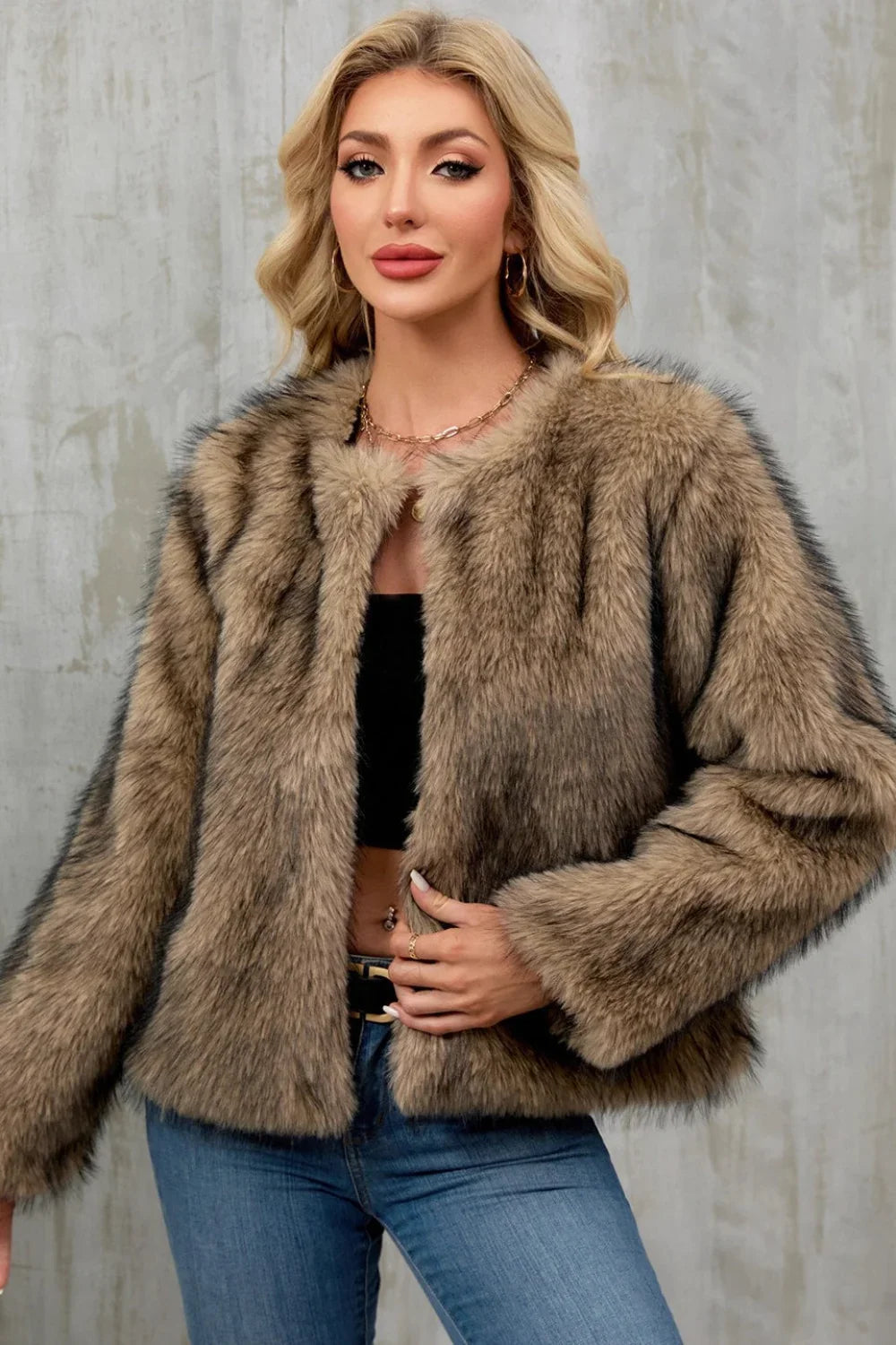 Plush Short Fur Open Cardigan Coat Khaki / S coats