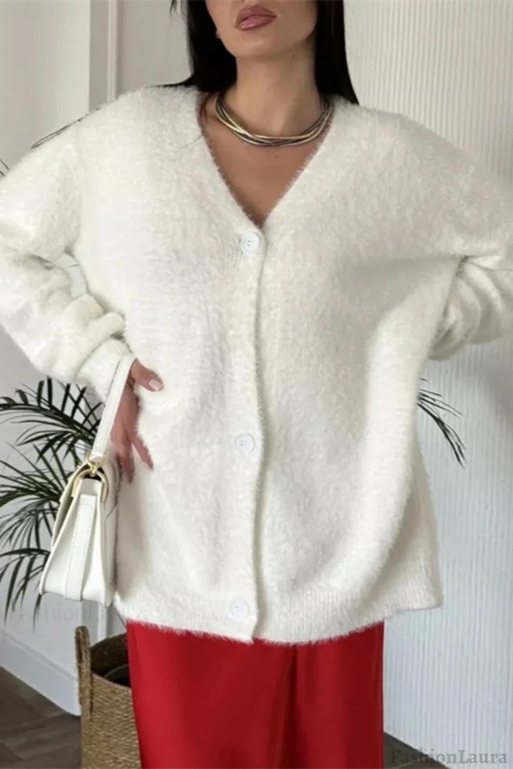 Plush V-Neck Cardigan White / One Size