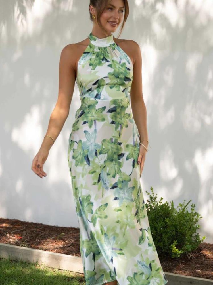 Minimalist Angélica Printed Halterneck Midi Dress in Backless Satin Evening Wear Edit