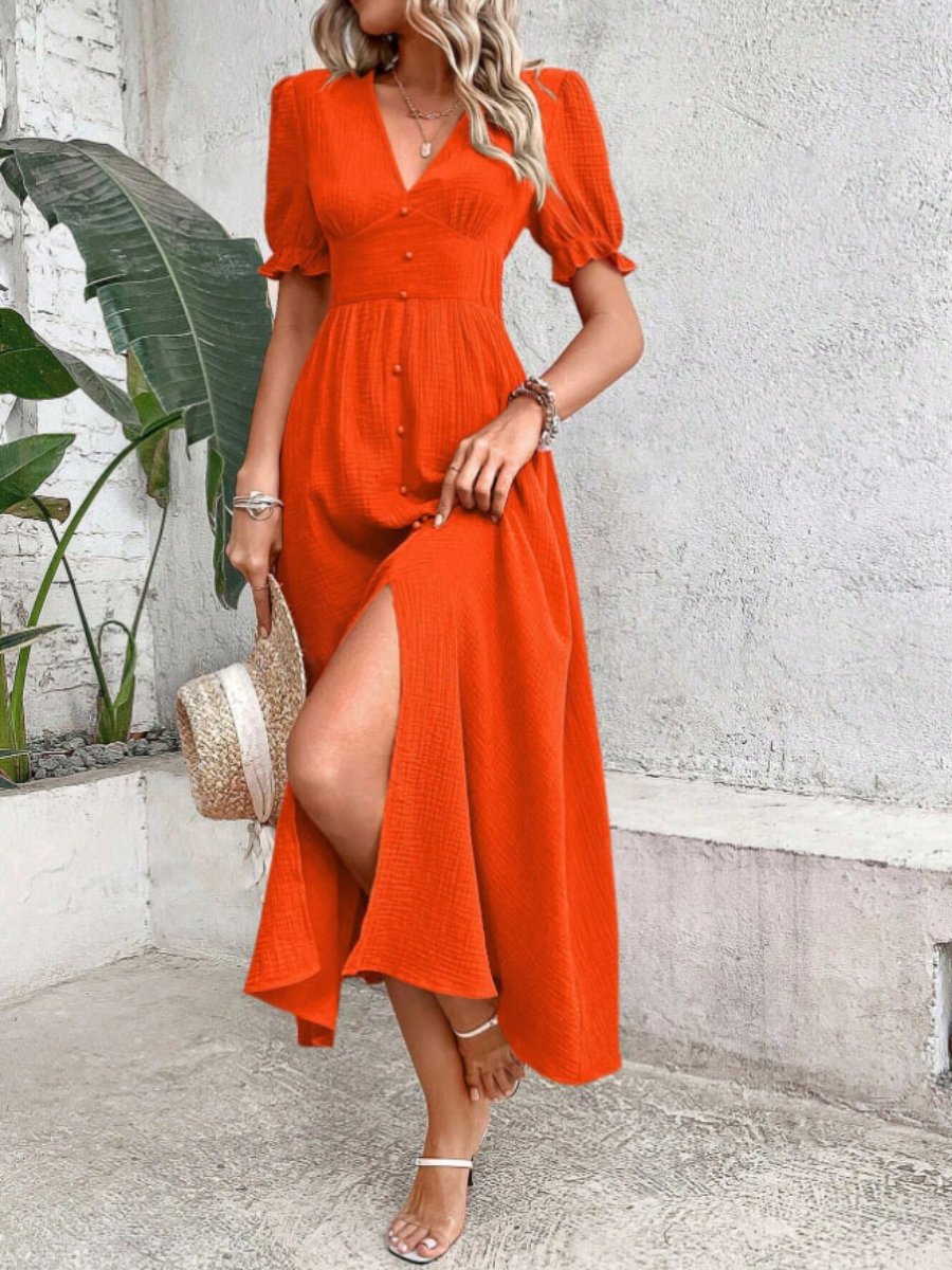 Deep V-Neck Short Puff Sleeve Button Front Crinkled High Split Midi Dress