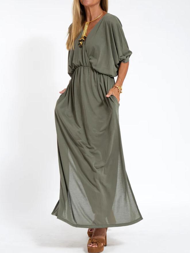 Deep V-Neck Batwing Pocket Maxi Dress 4