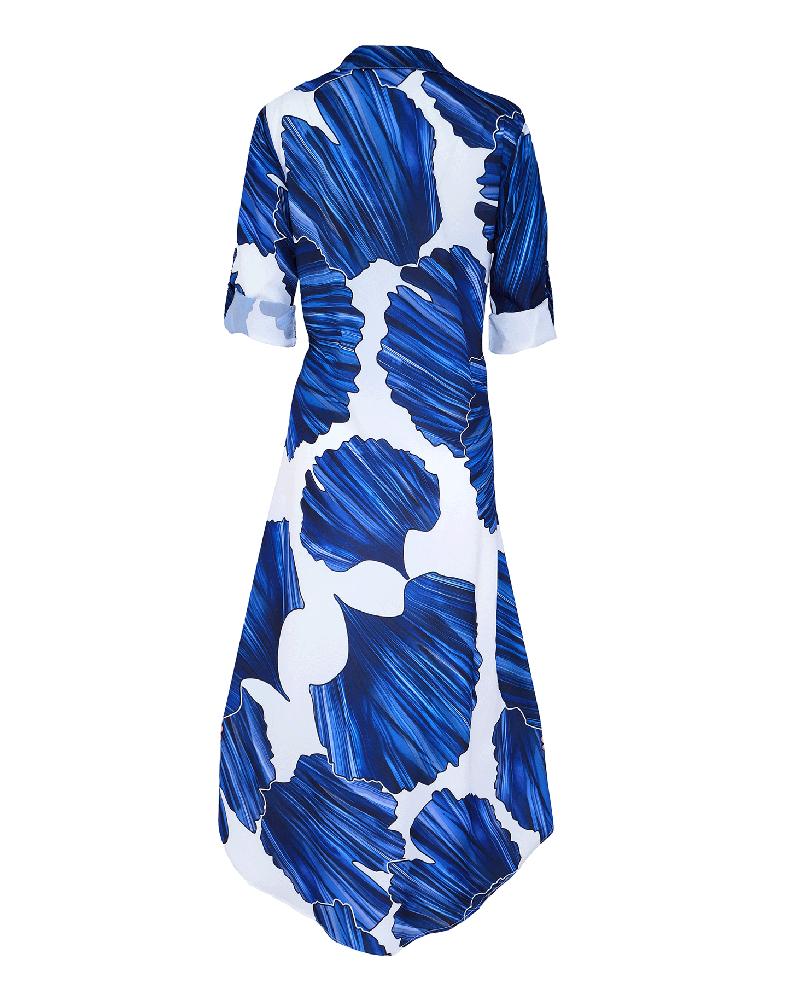 Abstract Print Button Down Collar Three Quarter Sleeve Handkerchief Hem Maxi Shirt Dress