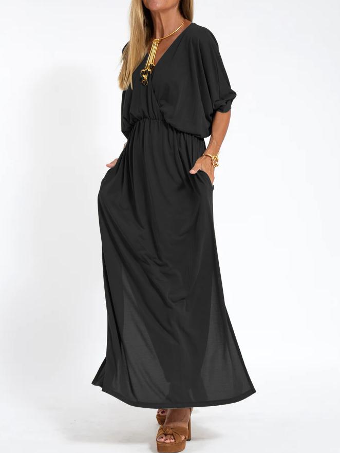 Deep V-Neck Batwing Pocket Maxi Dress