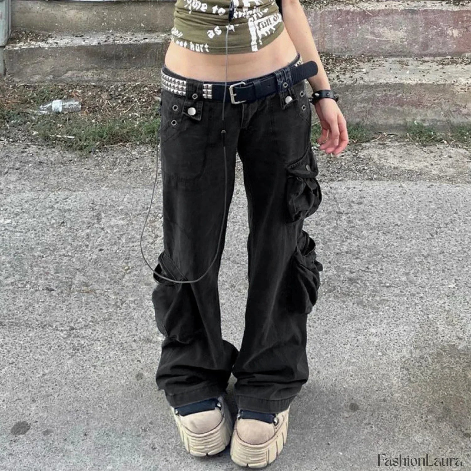 Pocket Design Y2K Trendy Black Cargo Jeans