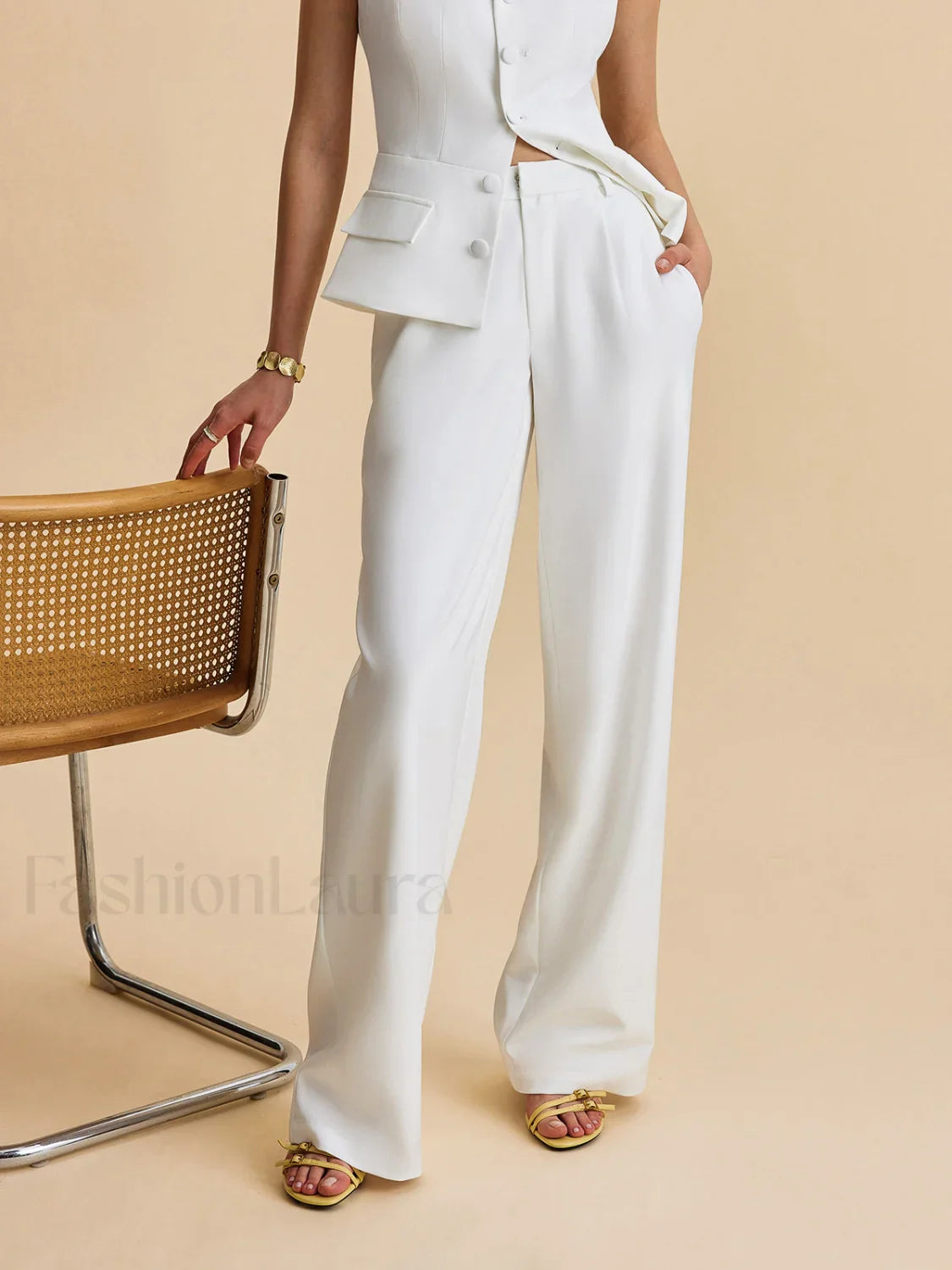 Pockets Buttoned Sleeveless Pants Set