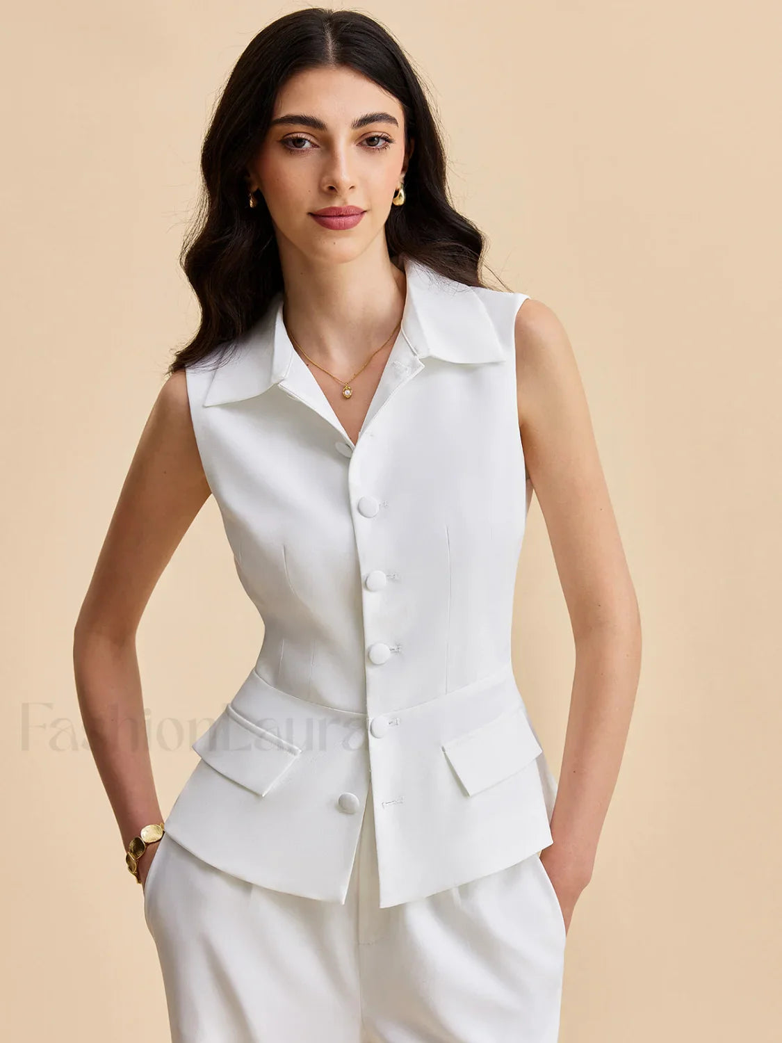 Pockets Buttoned Sleeveless Pants Set