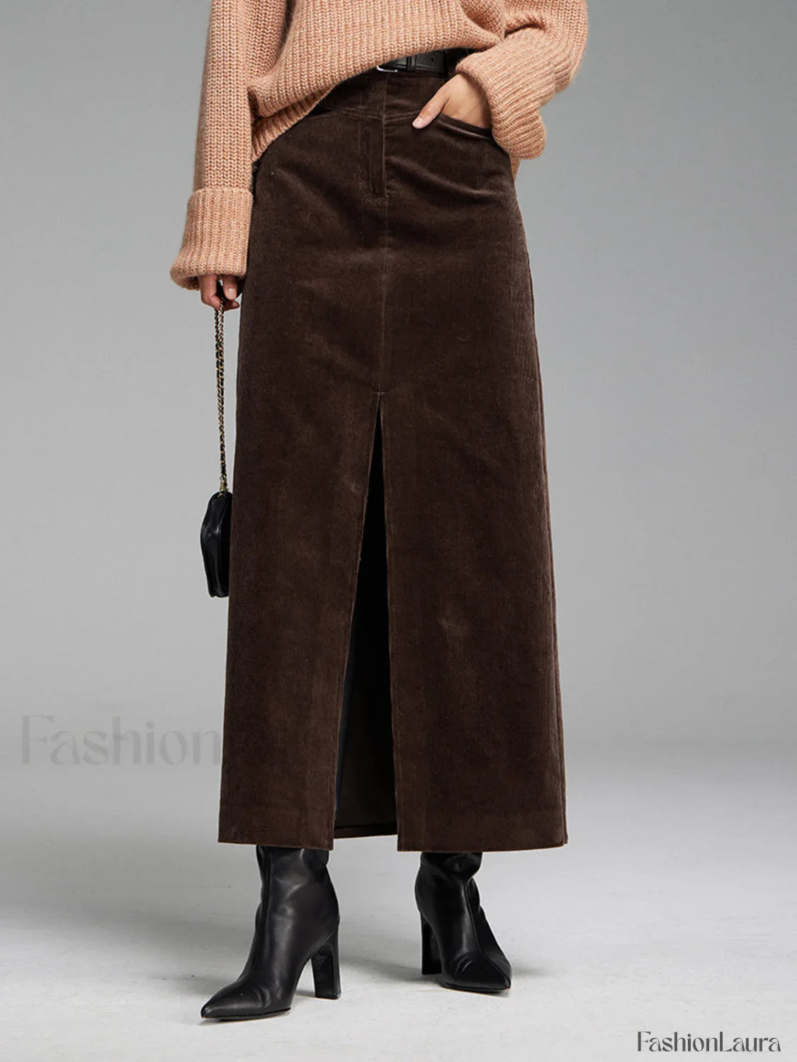 Pockets Corduroy Graceful Slit Maxi Skirt