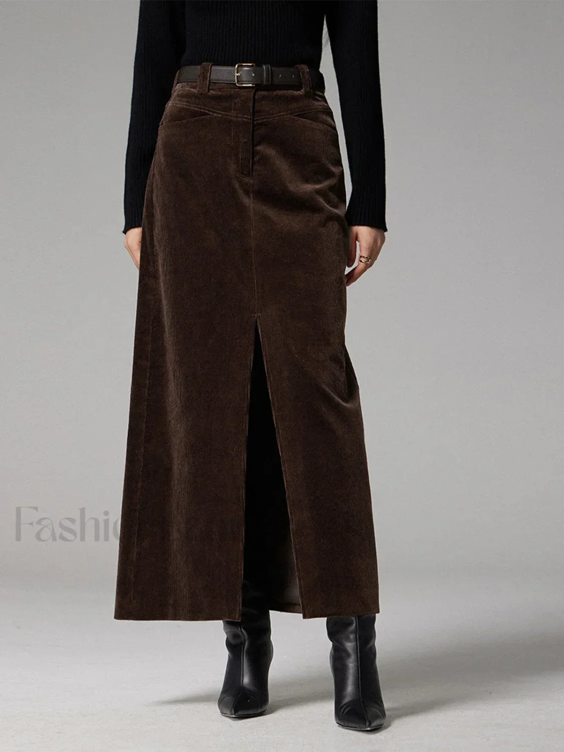 Pockets Corduroy Slit Maxi Skirt Brown / XS Skirts