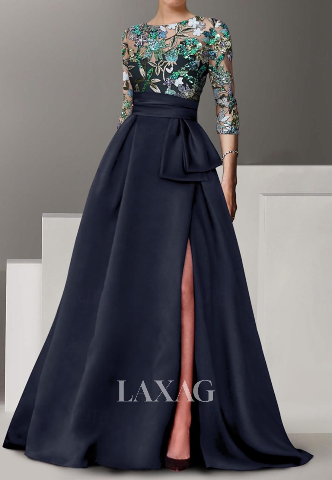 Scoop-Neck Floral Embroidered Sequined A-Line Evening Dress Half-Sleeves Floor-Length Formal Gowns