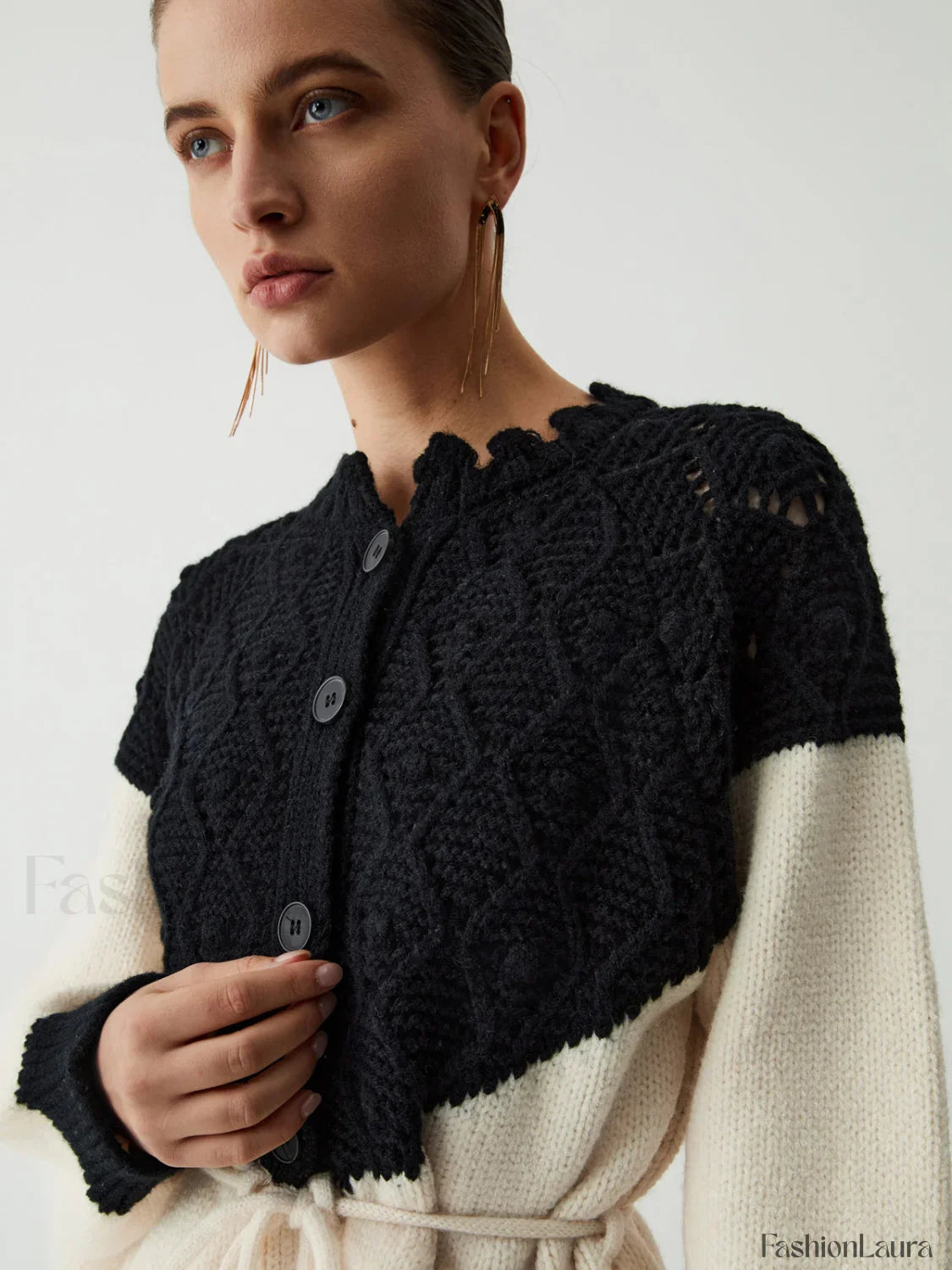 Pointelle Knit Patchwork Trendy Tie Front Sweater