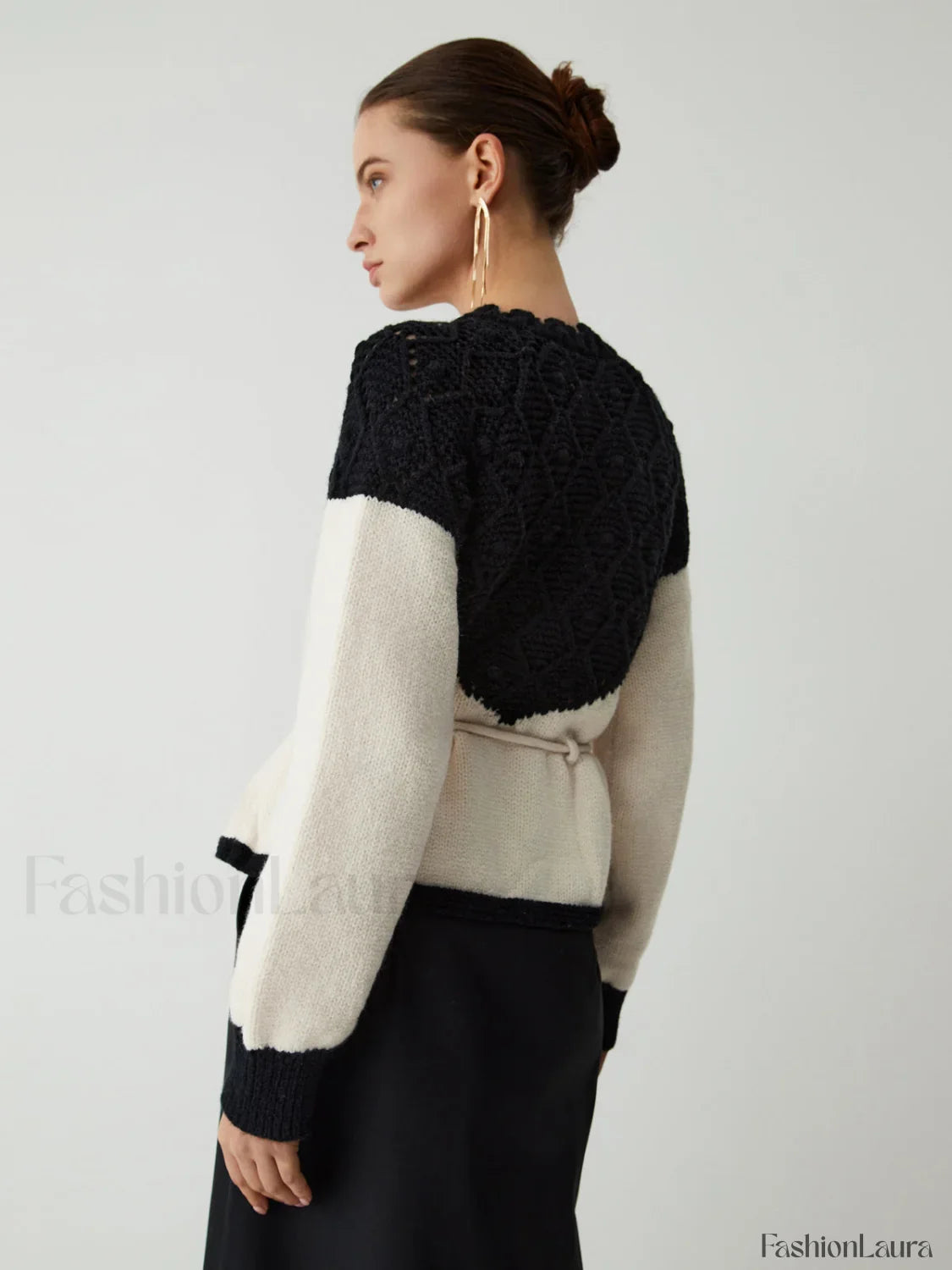 Pointelle Knit Patchwork Trendy Tie Front Sweater