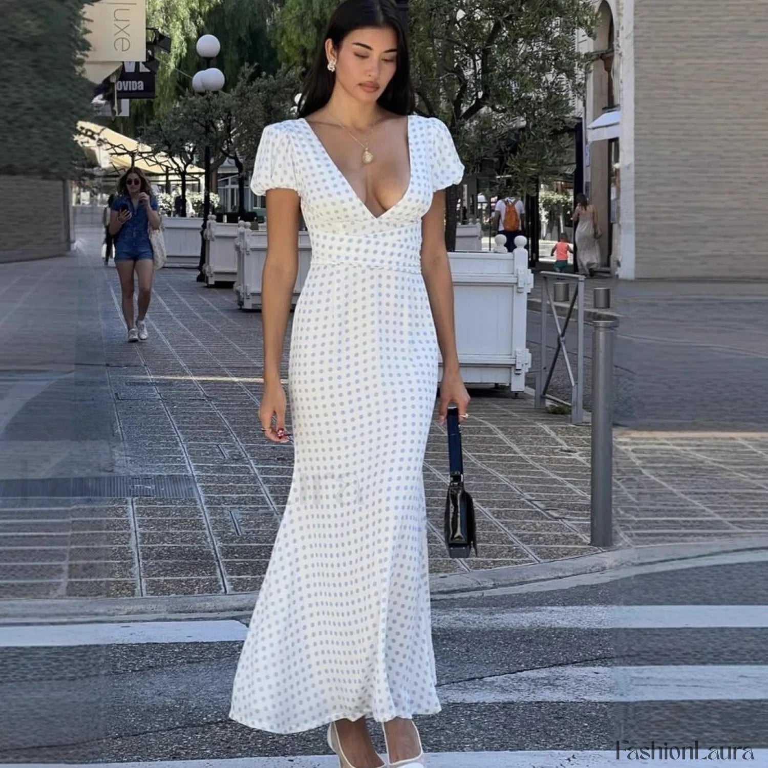 Polka Dot Lace-Up French Gentle Wind Maxi Dress