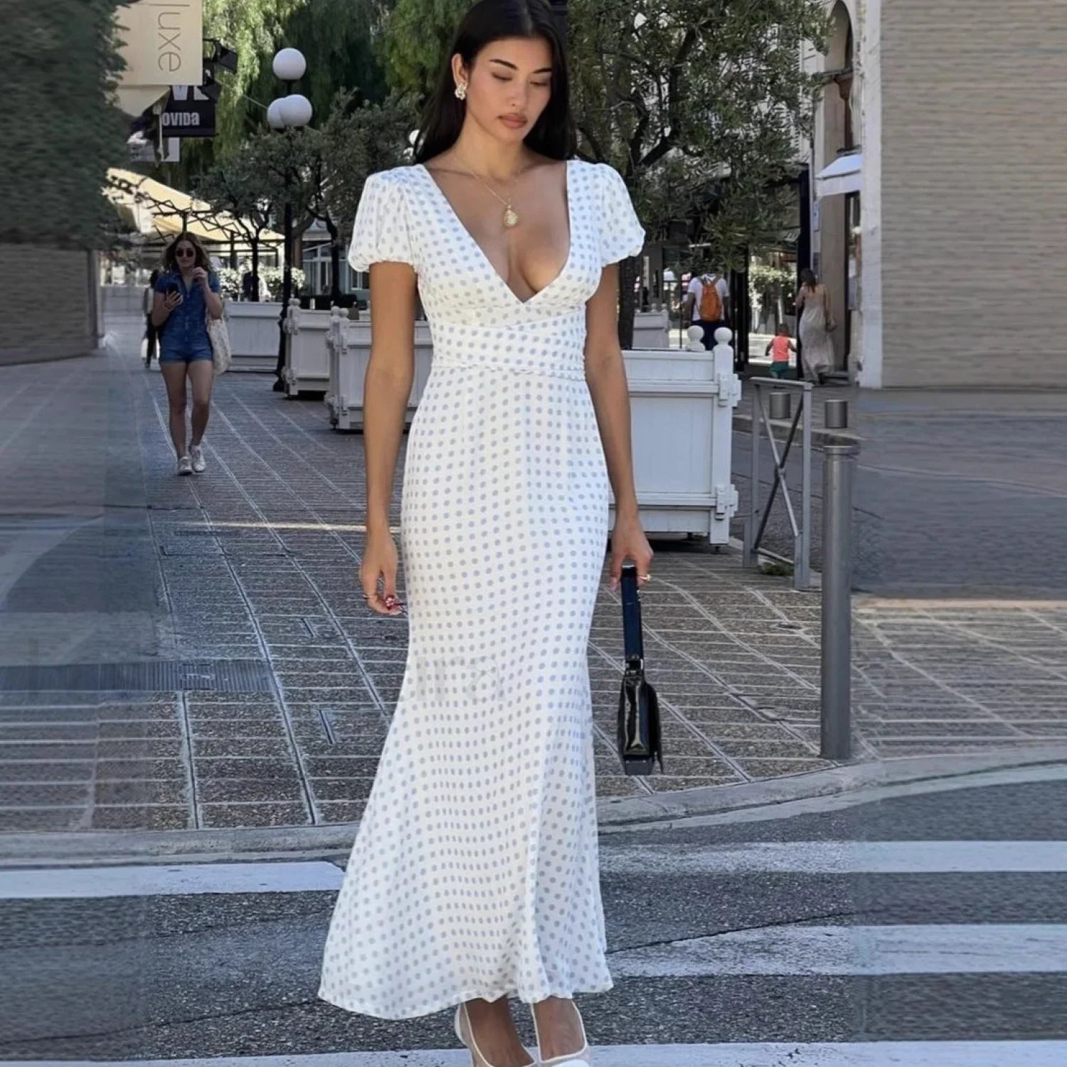 Polka Dot Lace-Up French Gentle Wind Maxi Dress