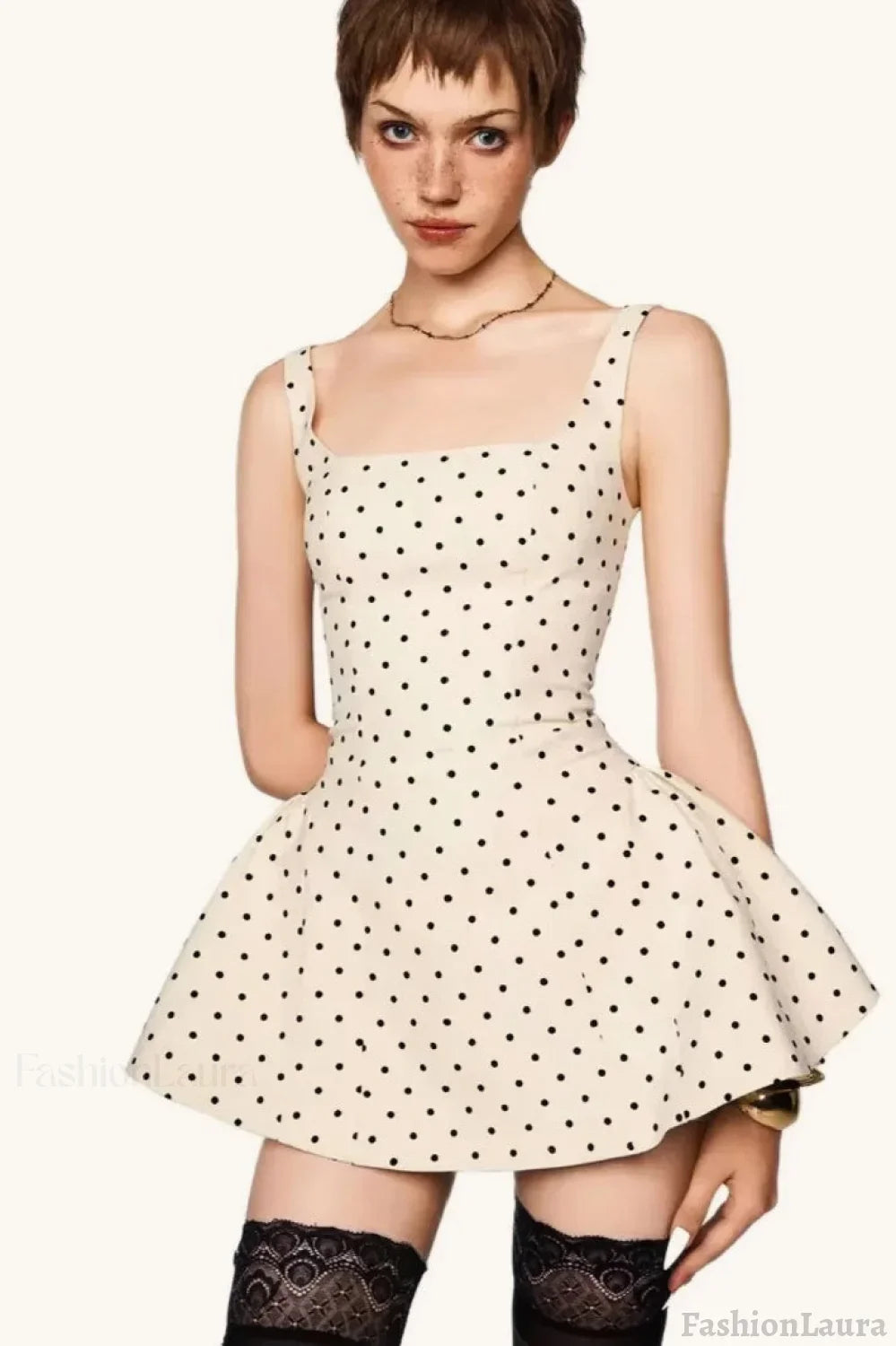 Polka Dot Square Neck Cami Mini Dress White / S