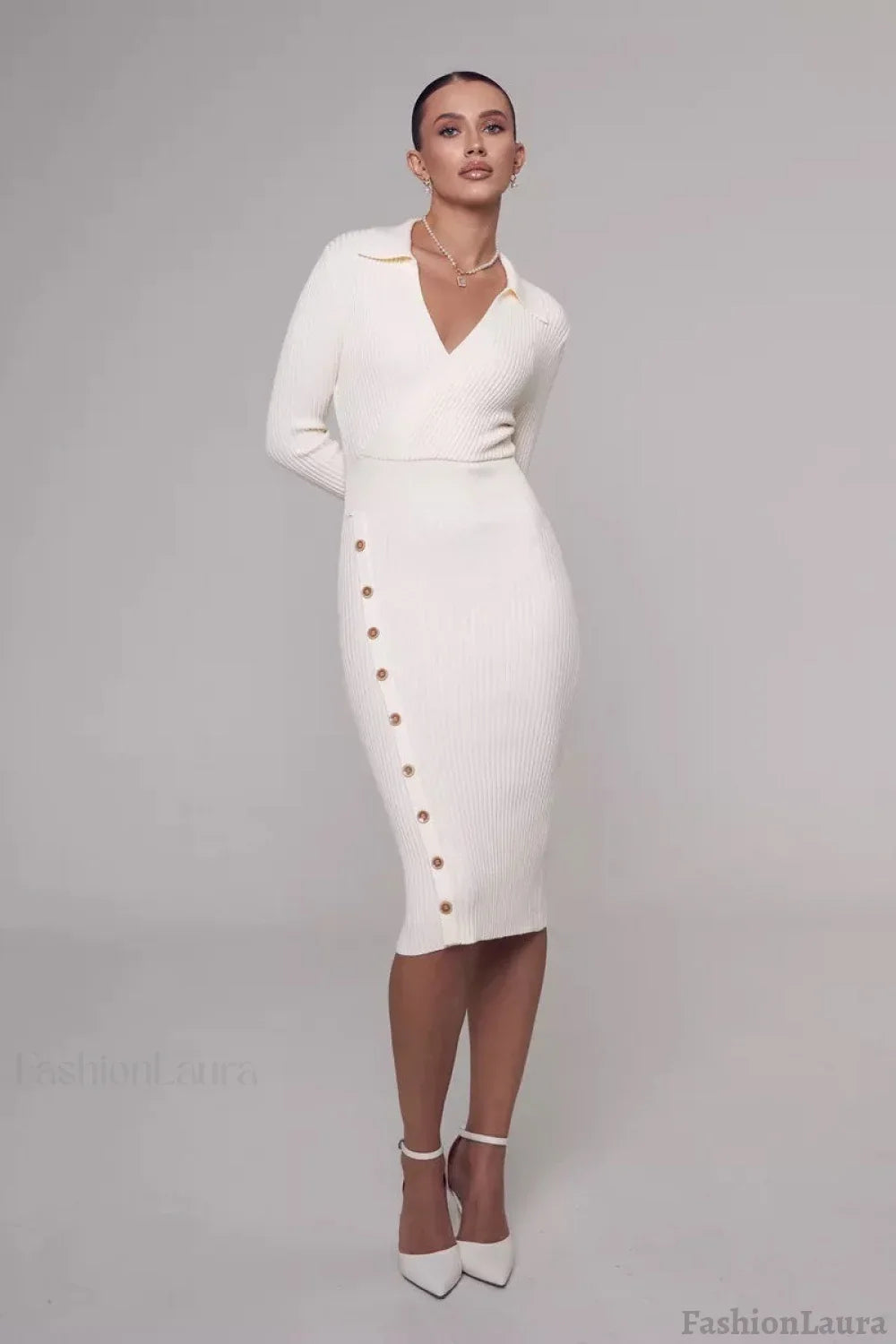 Polo Neck Bodycon Sweater Dress S / White