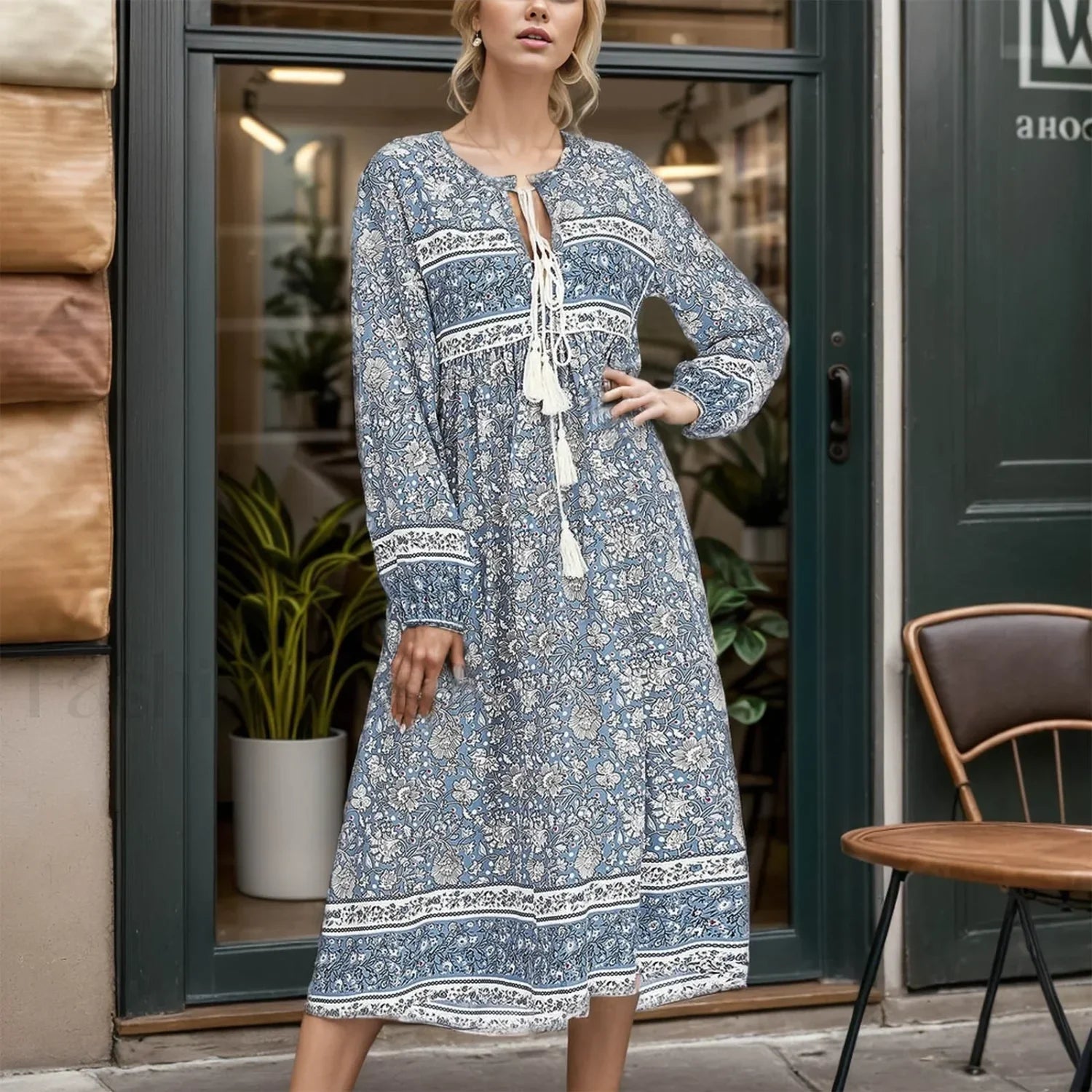 Porcelain Print Tie-Neck Boho Dress