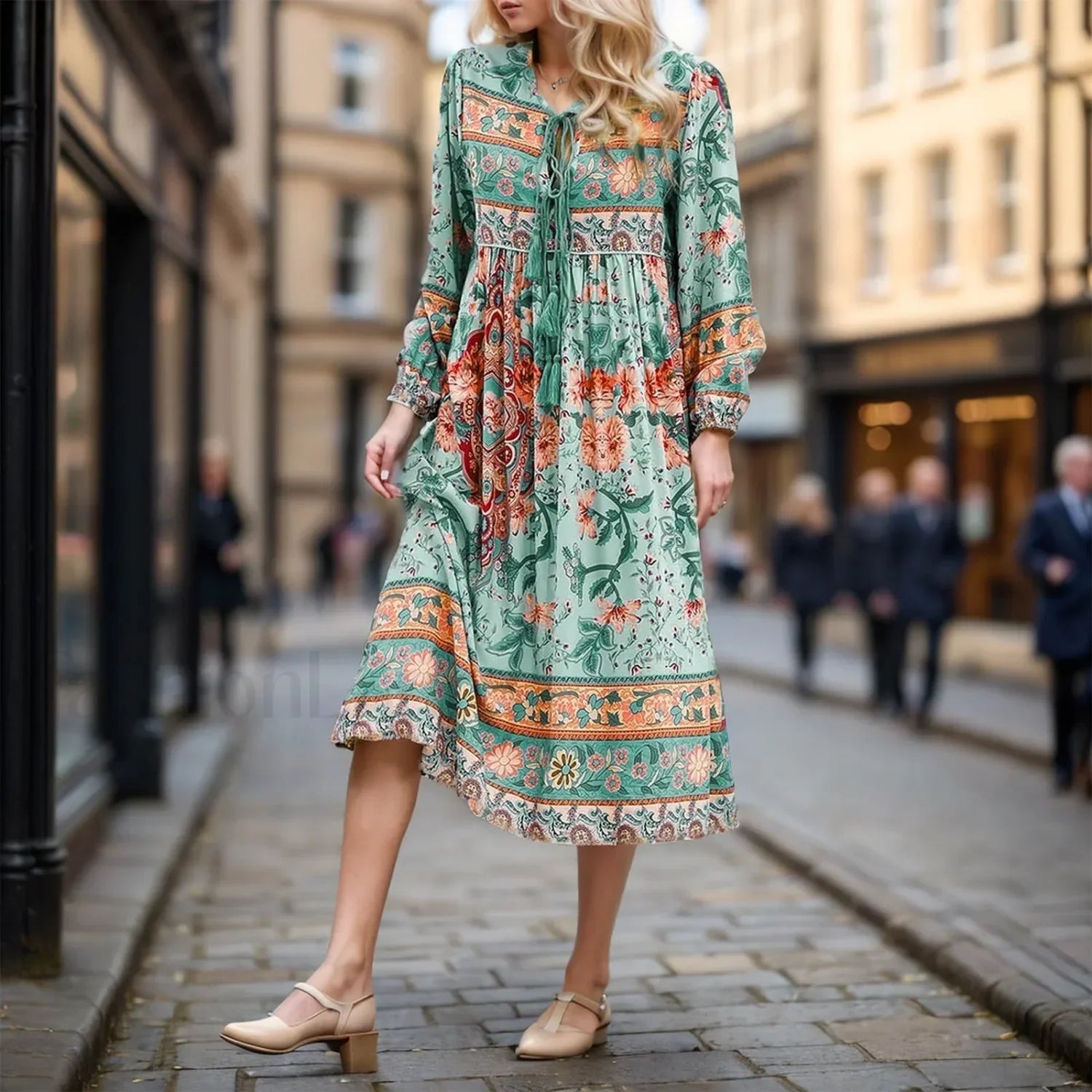Porcelain Print Tie-Neck Boho Dress