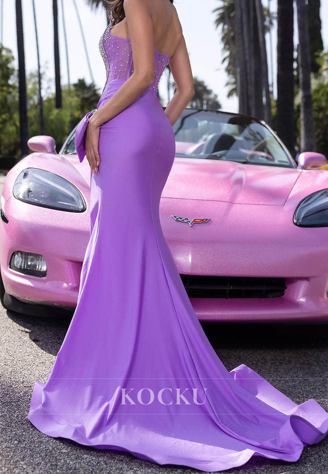 Beaded Strapless Sheath Prom Dress Sleeveless Stripe Pleats Satin Bow Party Dress with Slit