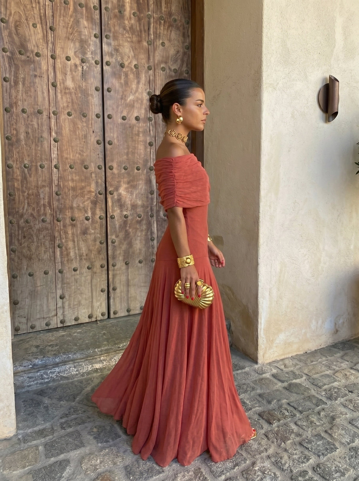 One Shoulder Draped Short Sleeve Jersey Maxi Dress
