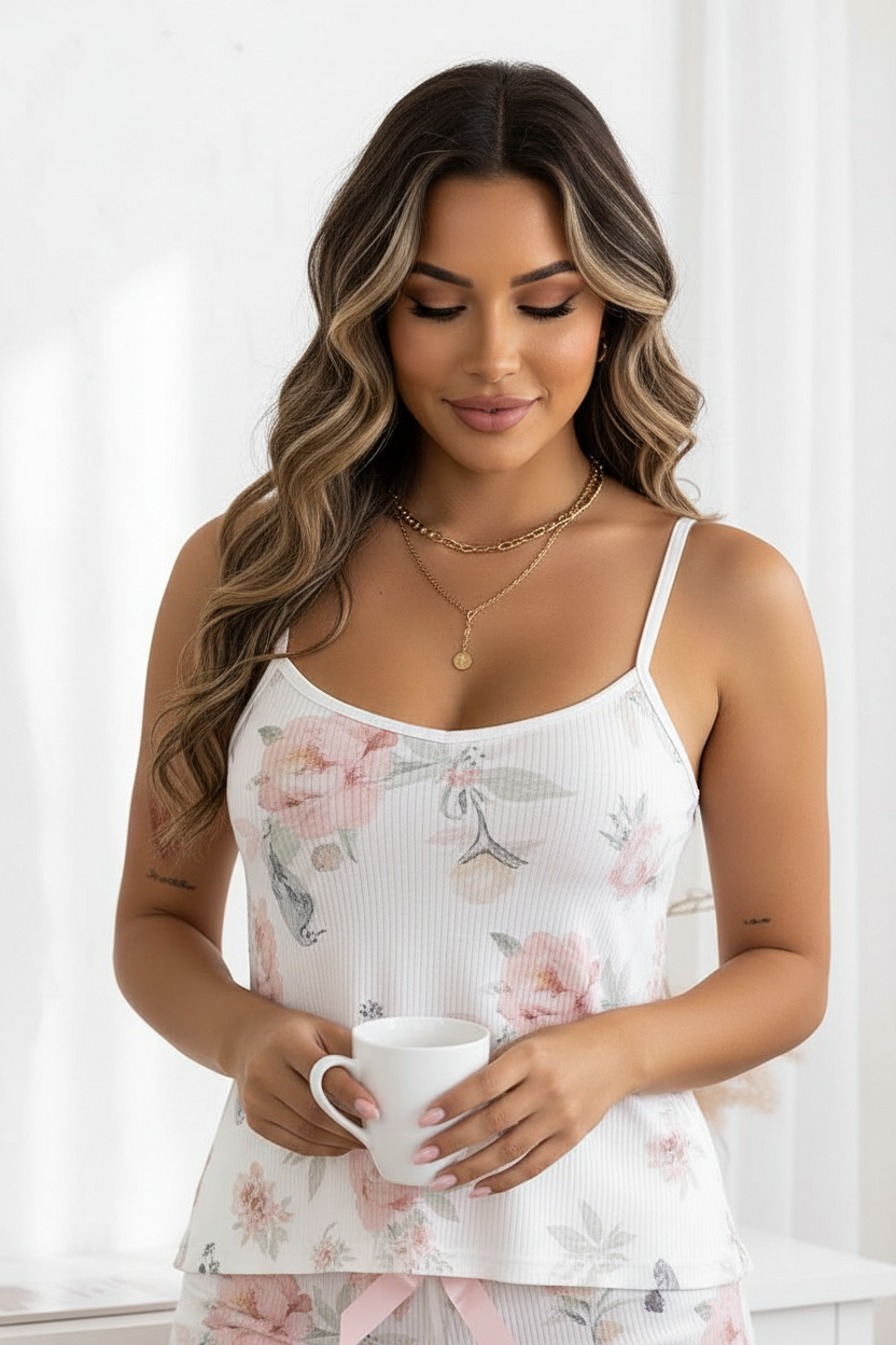 Floral Bird Print Pajama Set with Adjustable Straps | Cozy & Stylish