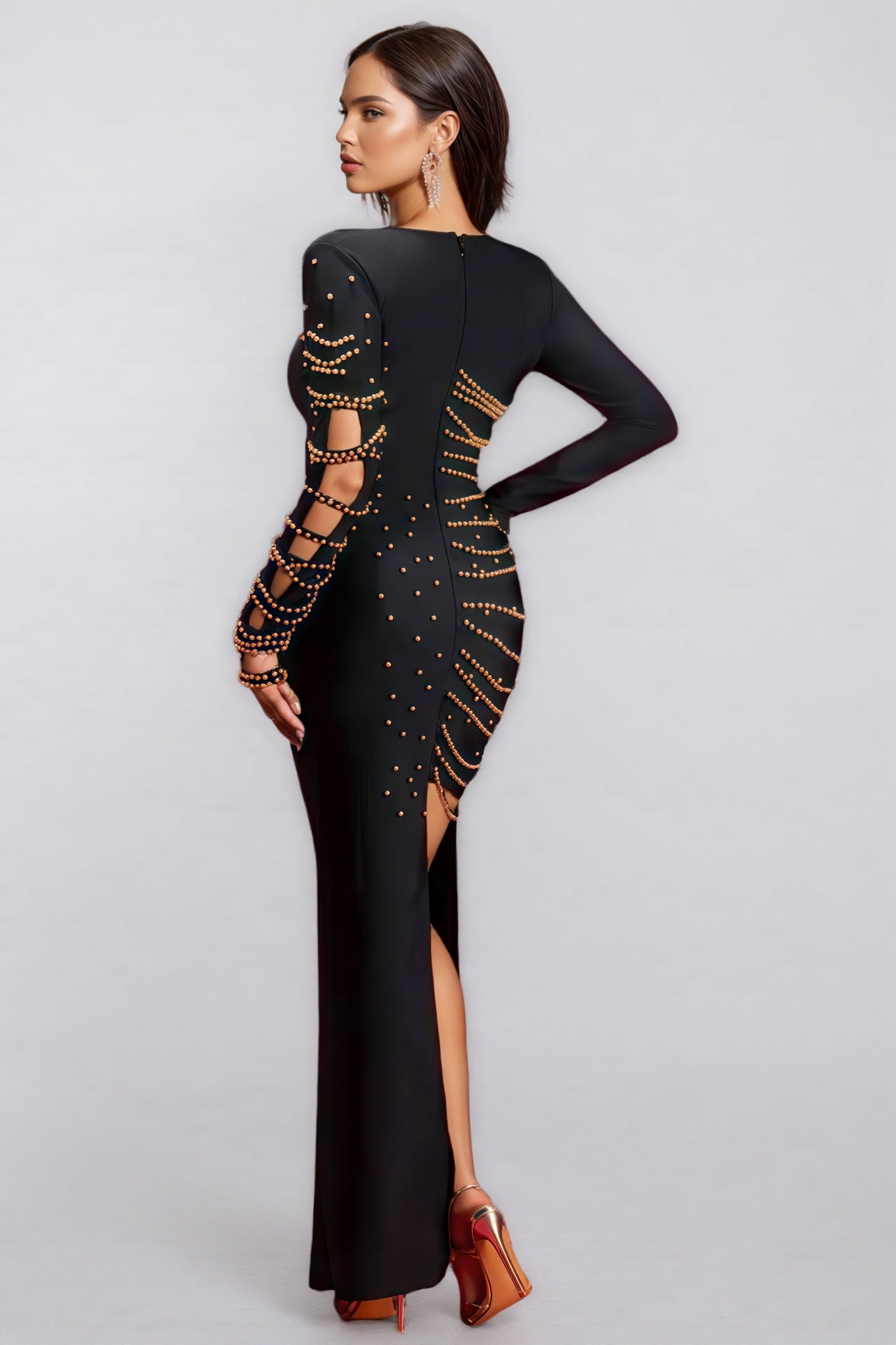 Rhinestone Stud Deep V Neck Ladder Strap Cut Out Long Sleeve Bandage Maxi Gown