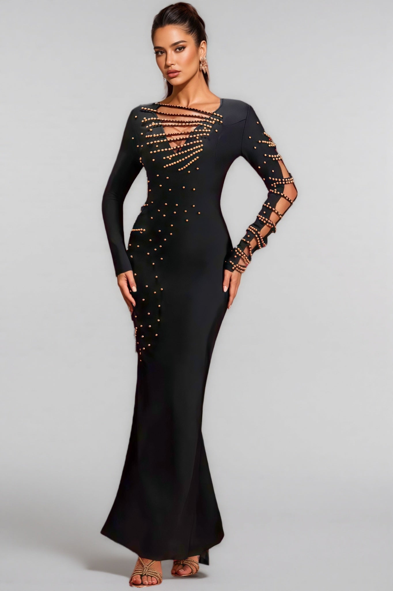 Rhinestone Stud Deep V Neck Ladder Strap Cut Out Long Sleeve Bandage Maxi Gown