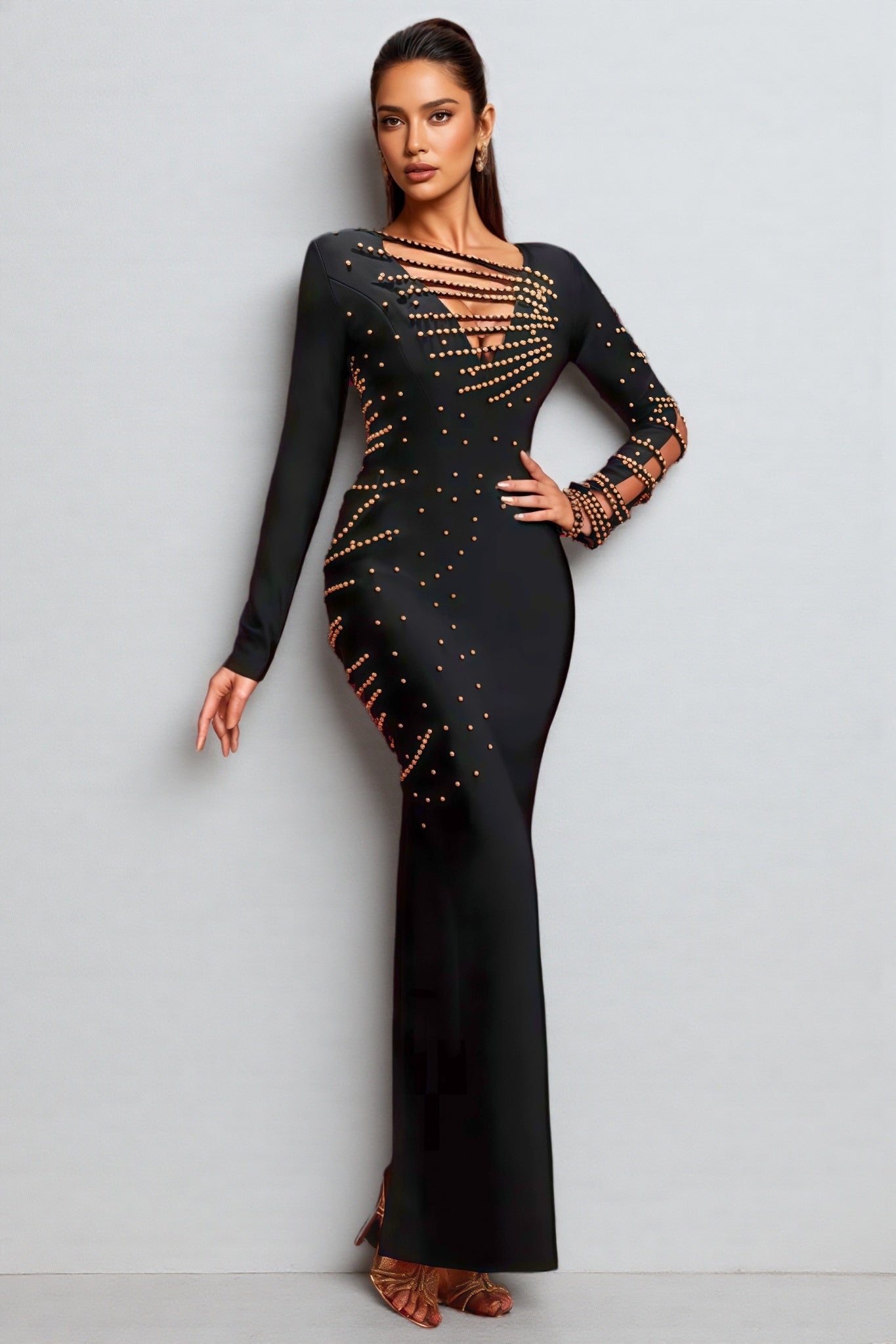 Rhinestone Stud Deep V Neck Ladder Strap Cut Out Long Sleeve Bandage Maxi Gown