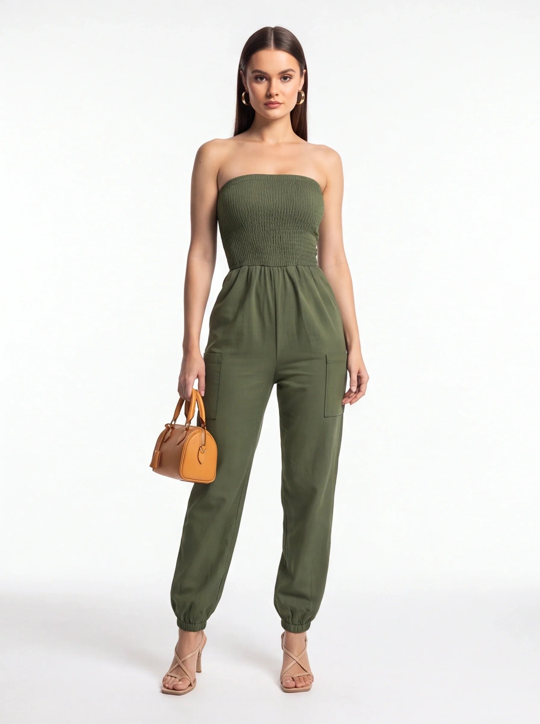 Jamota Women's Strapless Olive Green Casual Jumpsuit with Elastic Waist - Pockets and Adjustable Waist - Jamota