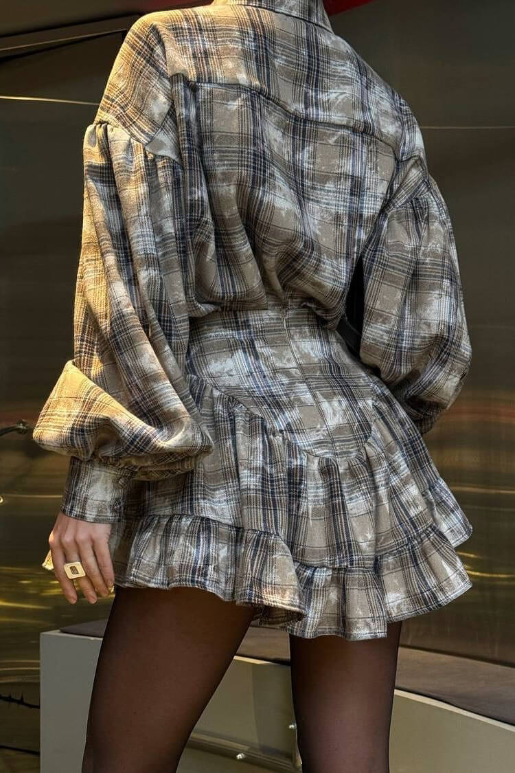 Preppy Balloon Sleeve Button Up Shirt Ruffle Mini Skirt Two Piece Dress