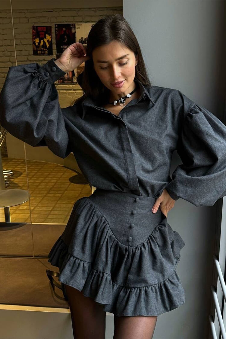 Preppy Balloon Sleeve Button Up Shirt Ruffle Mini Skirt Two Piece Dress