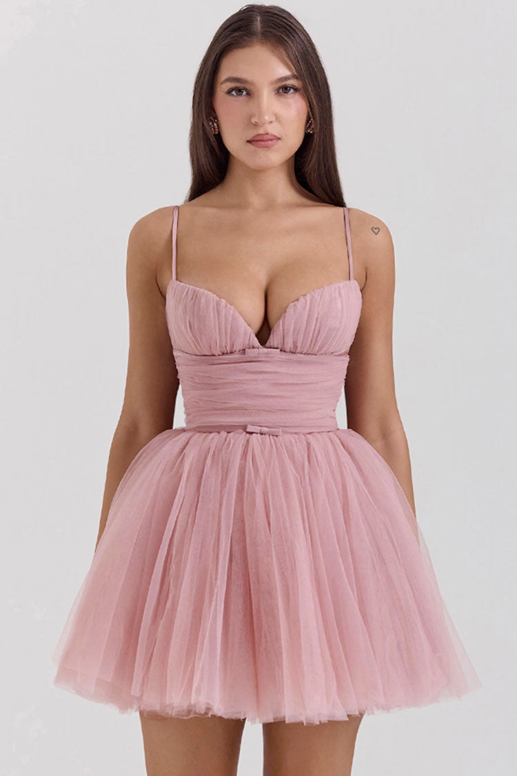 Pretty Sweetheart Neck Bow Ruched Tulle Fit & Flare Slip Party Mini Dress