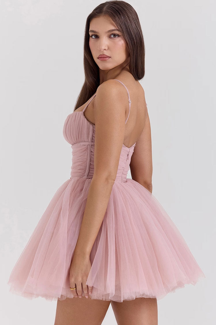 Pretty Sweetheart Neck Bow Ruched Tulle Fit & Flare Slip Party Mini Dress