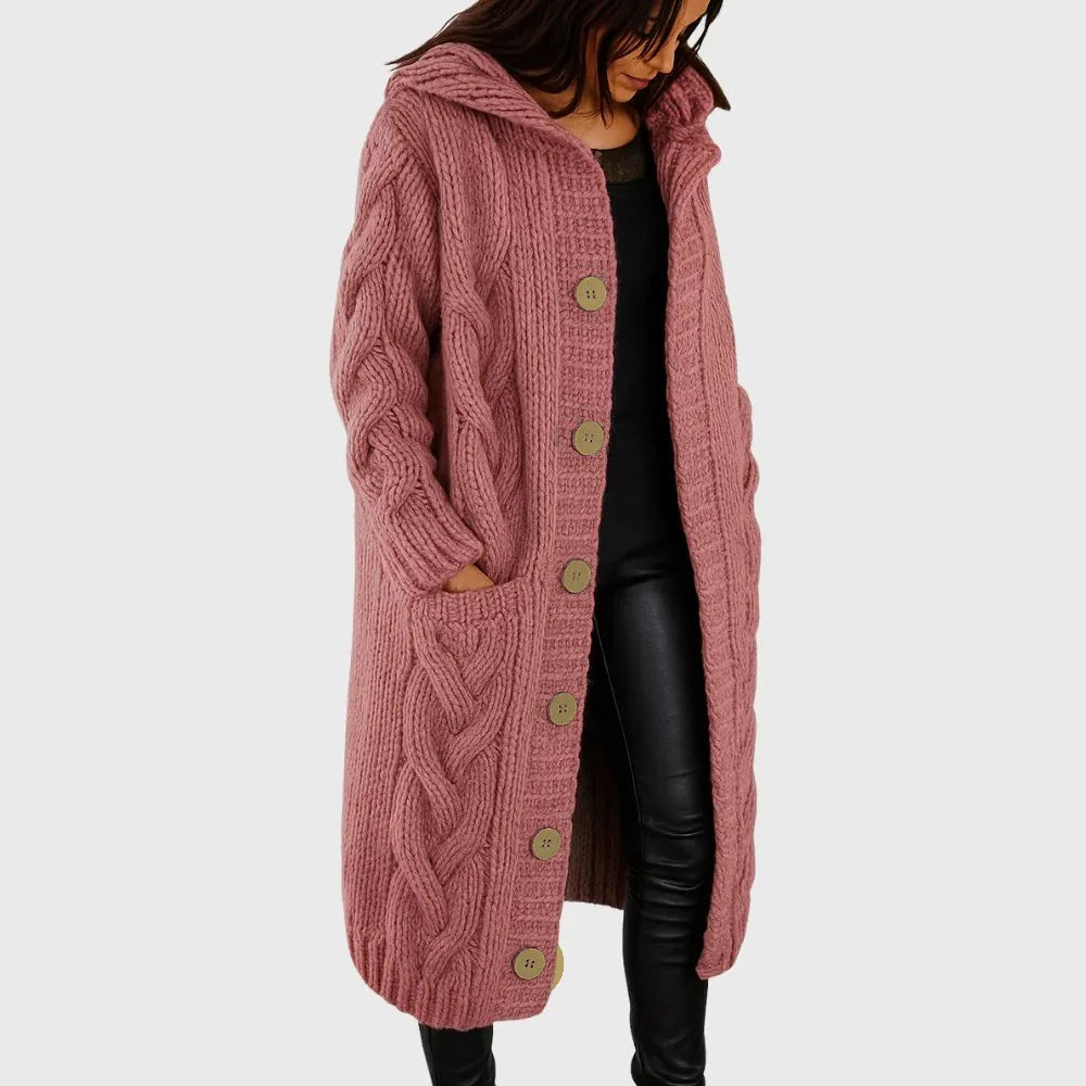 Cable Knit Hooded Button Front Longline Cardigan Coat
