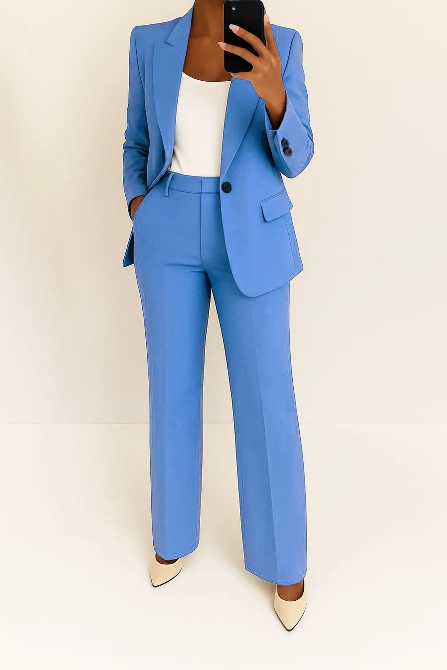 Single Button Blazer and Wide Leg Pants Two Piece Set