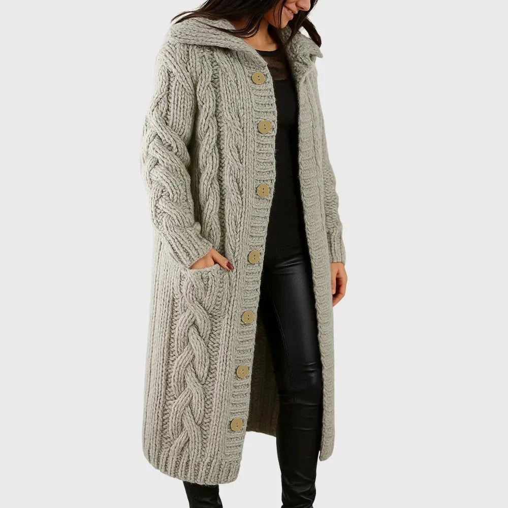 Cable Knit Hooded Button Front Longline Cardigan Coat