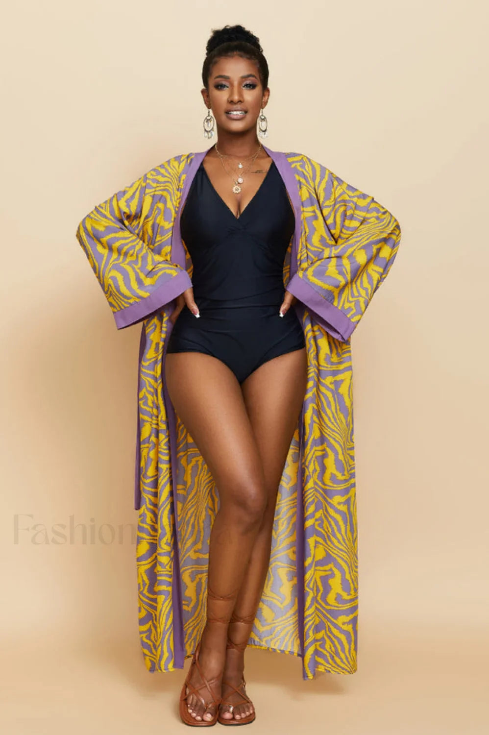 Print Belted Stylish Kimono Dress