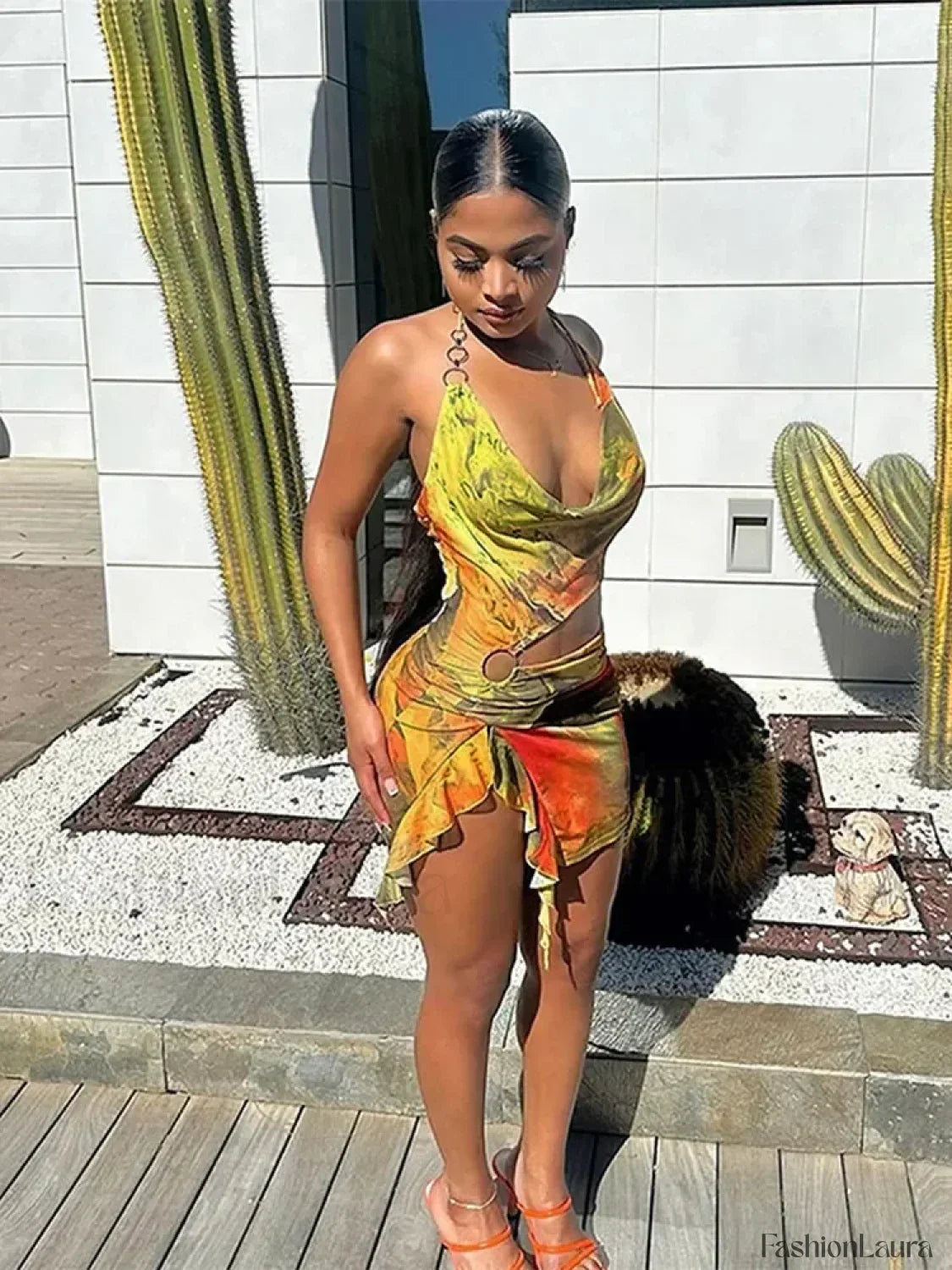 Print Fold High Waist Mini Dress