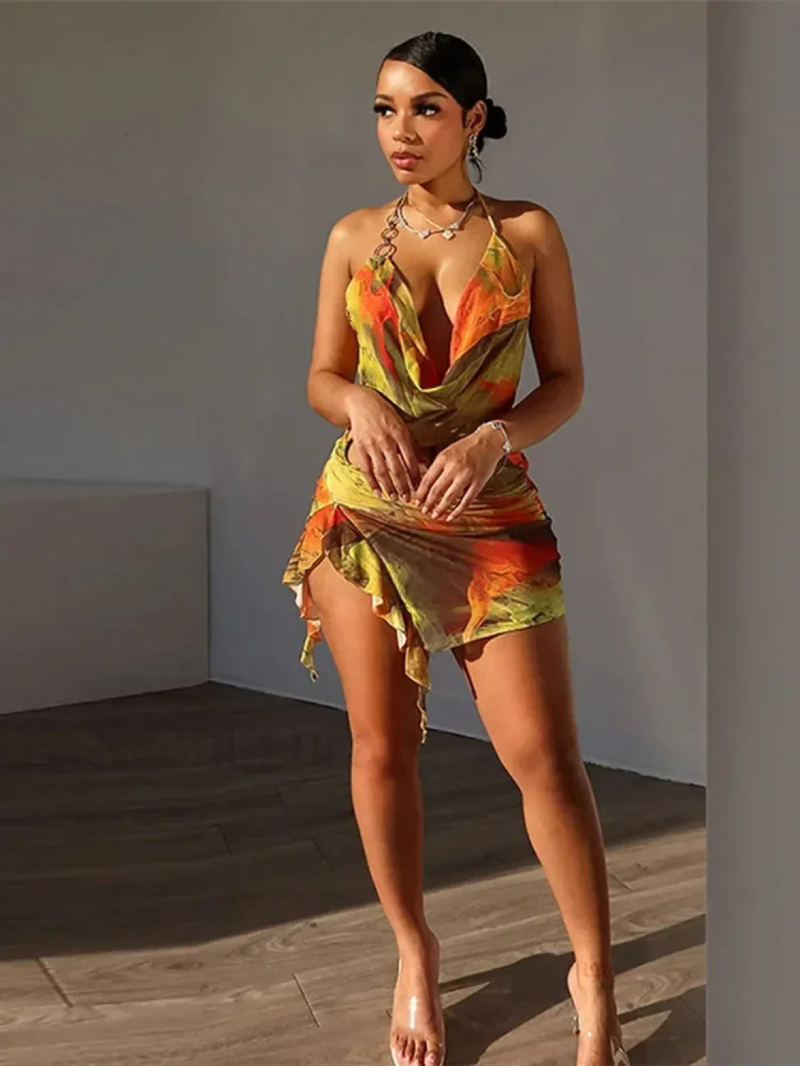 Print Fold High Waist Mini Dress