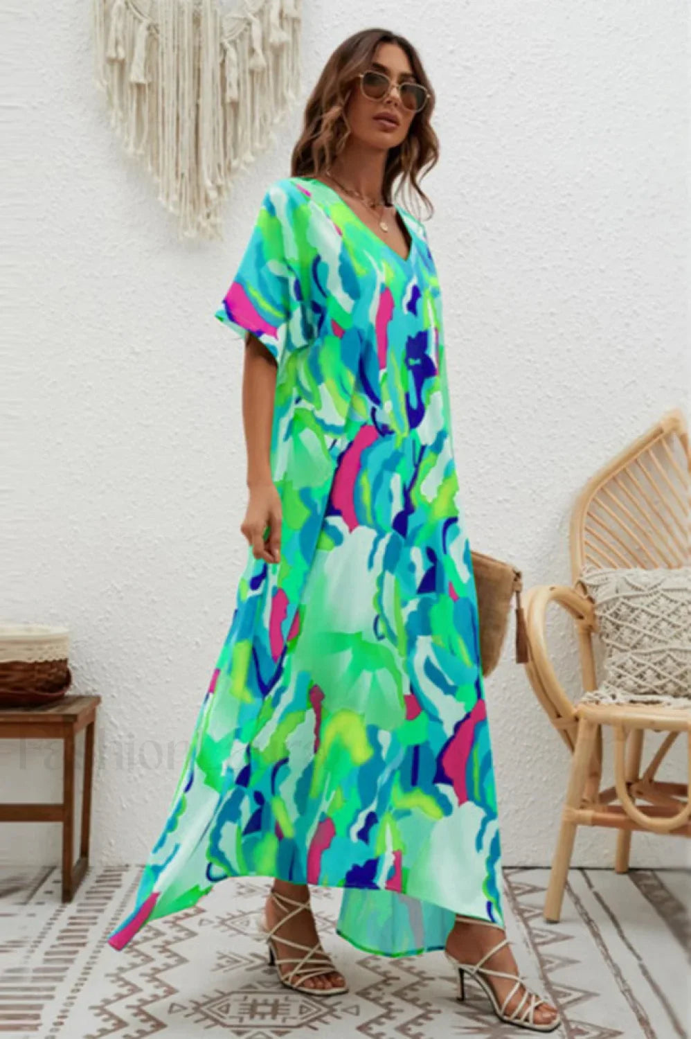 Print Short Sleeve Charming Wide Hem Maxi Dress
