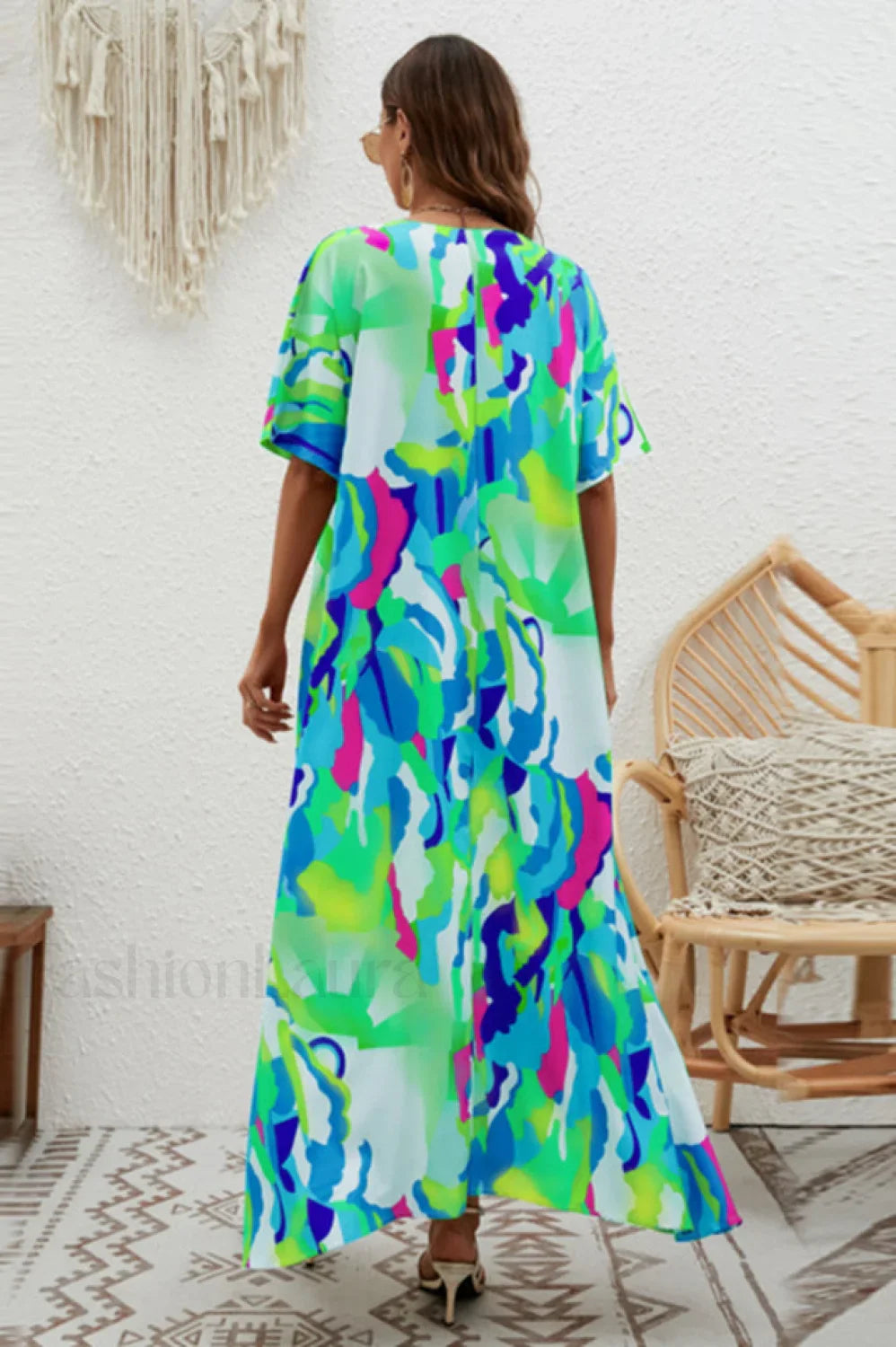 Print Short Sleeve Charming Wide Hem Maxi Dress