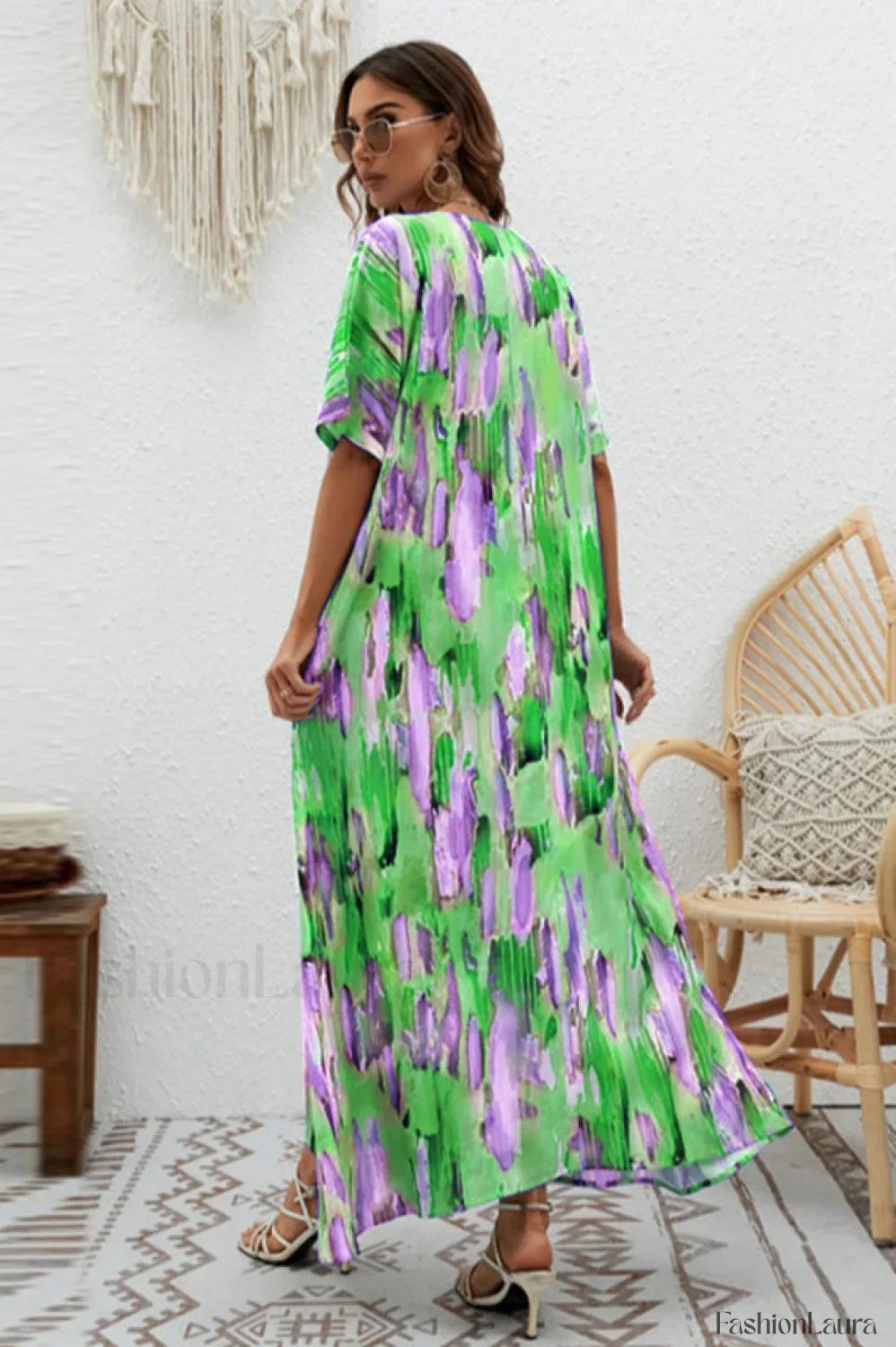 Print Short Sleeve Charming Wide Hem Maxi Dress