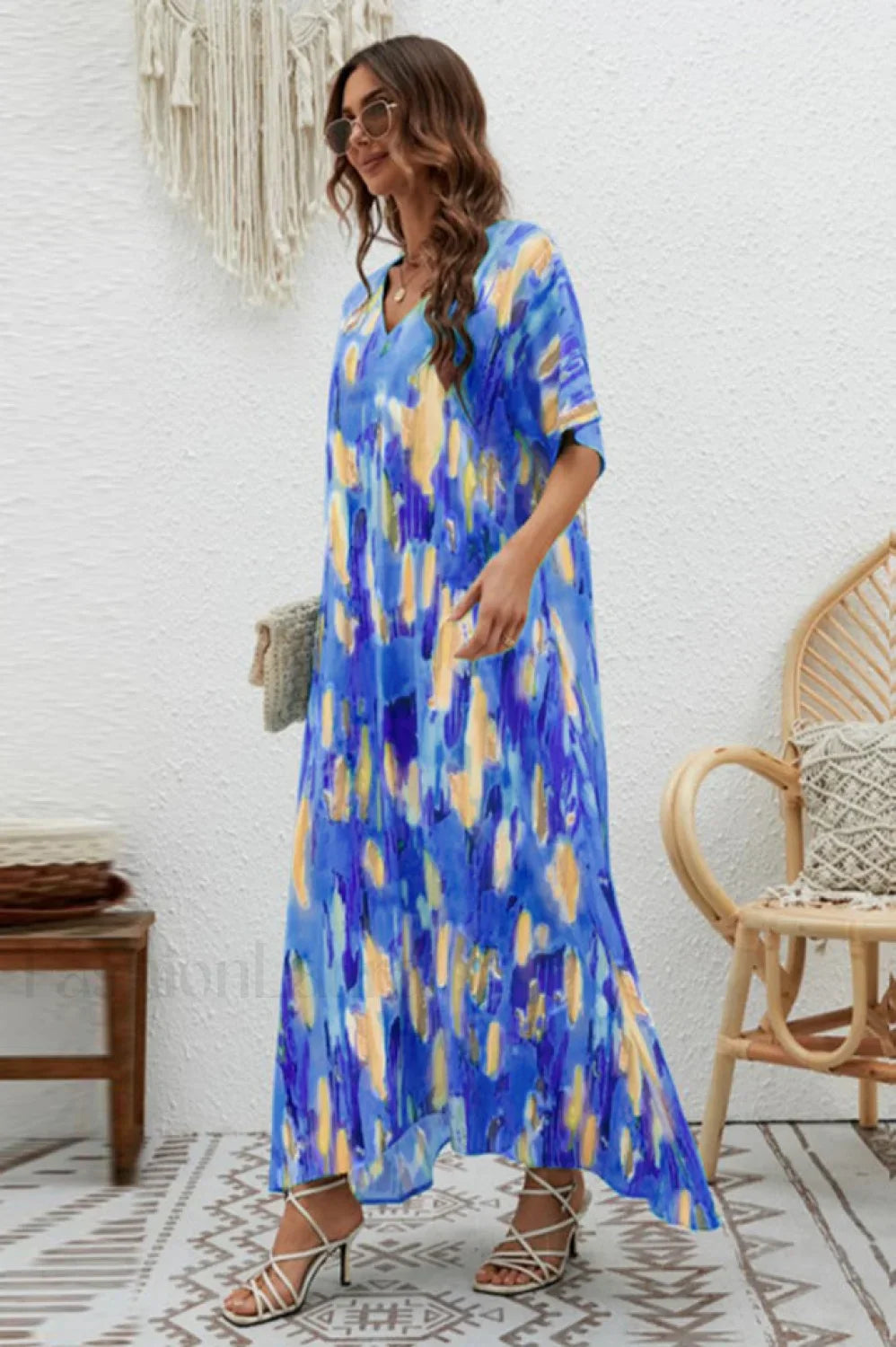 Print Short Sleeve Charming Wide Hem Maxi Dress