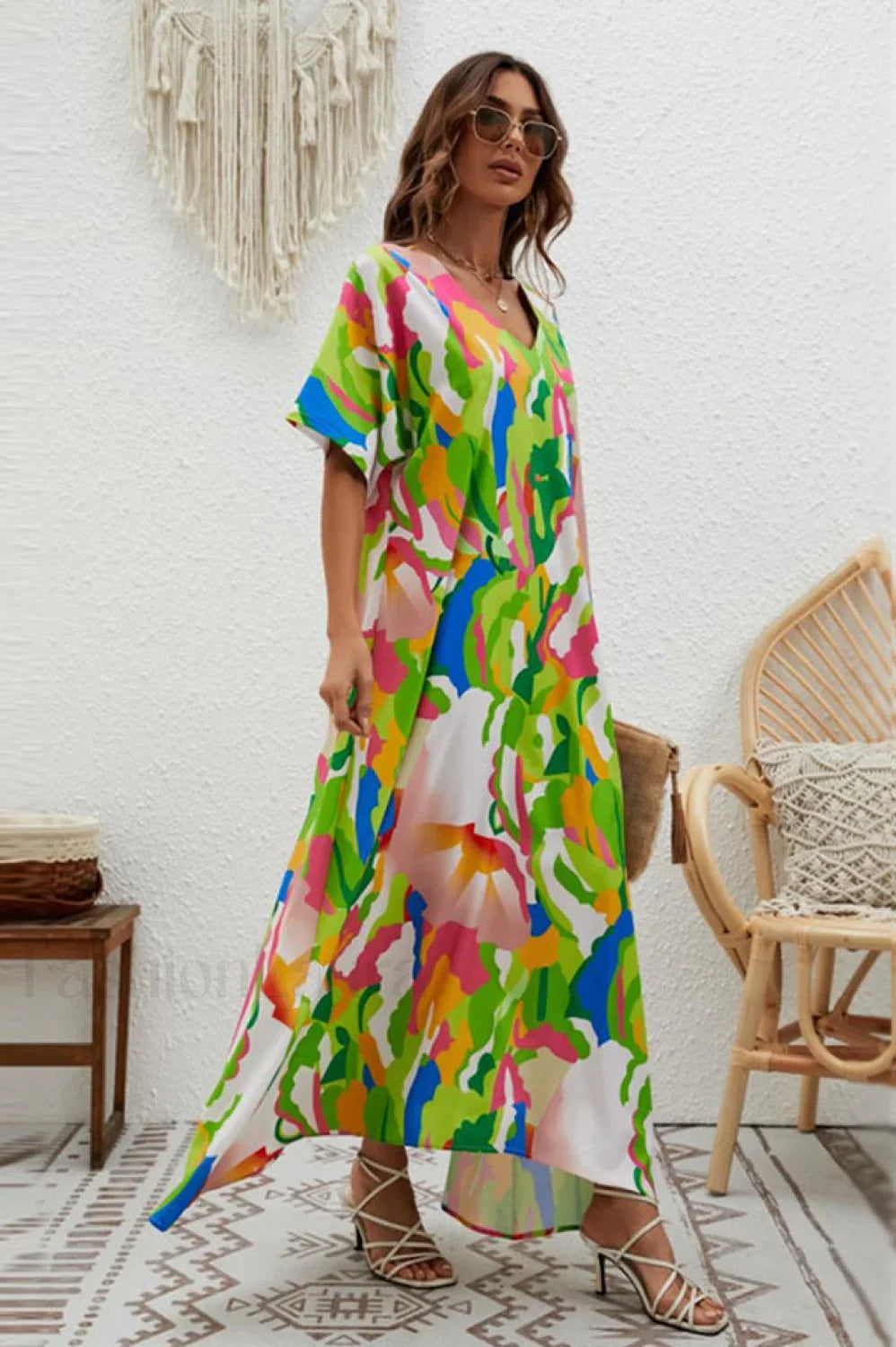 Print Short Sleeve Charming Wide Hem Maxi Dress