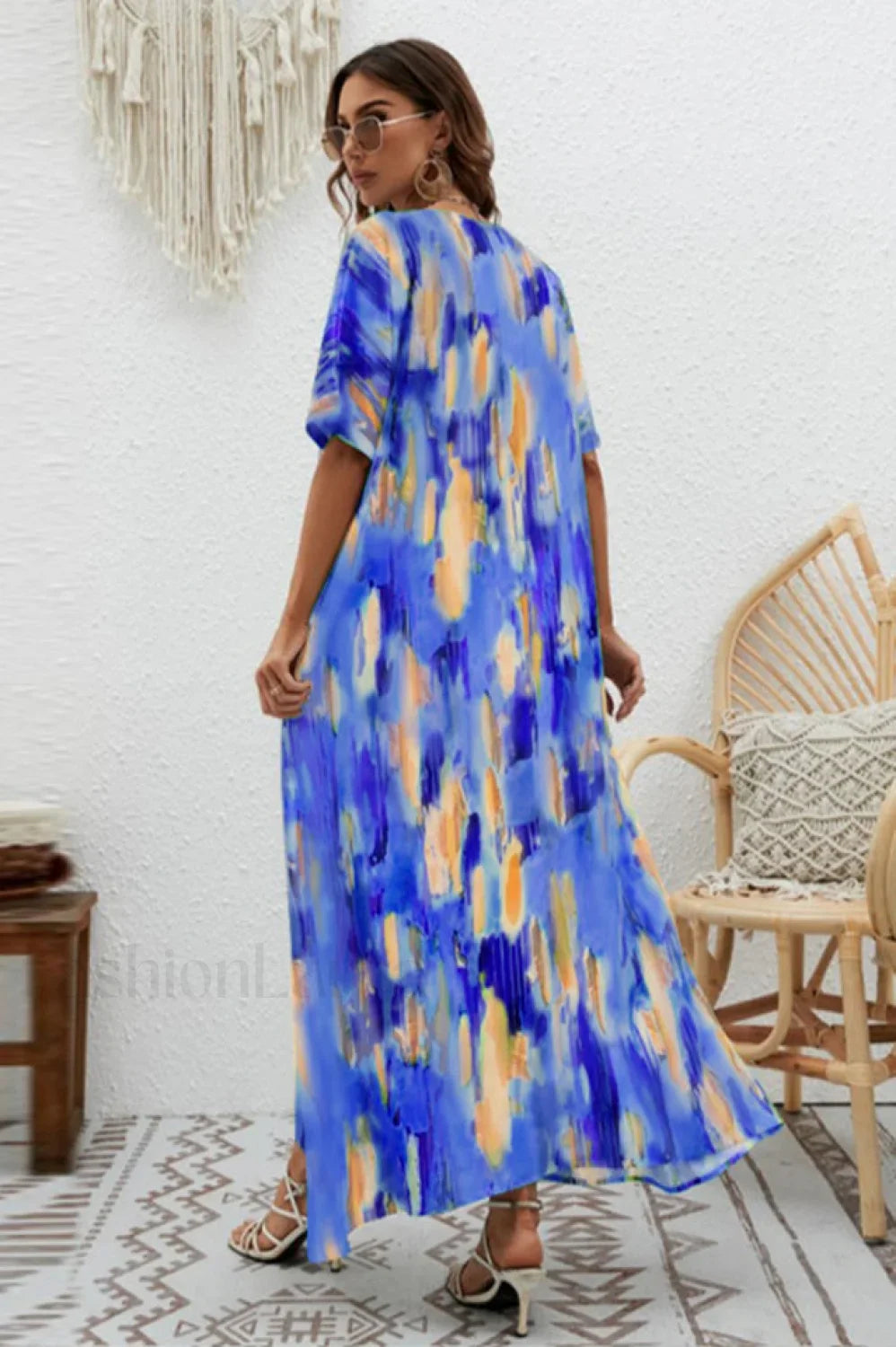 Print Short Sleeve Charming Wide Hem Maxi Dress
