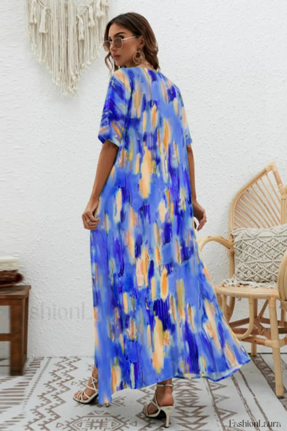 Print Short Sleeve Charming Wide Hem Maxi Dress