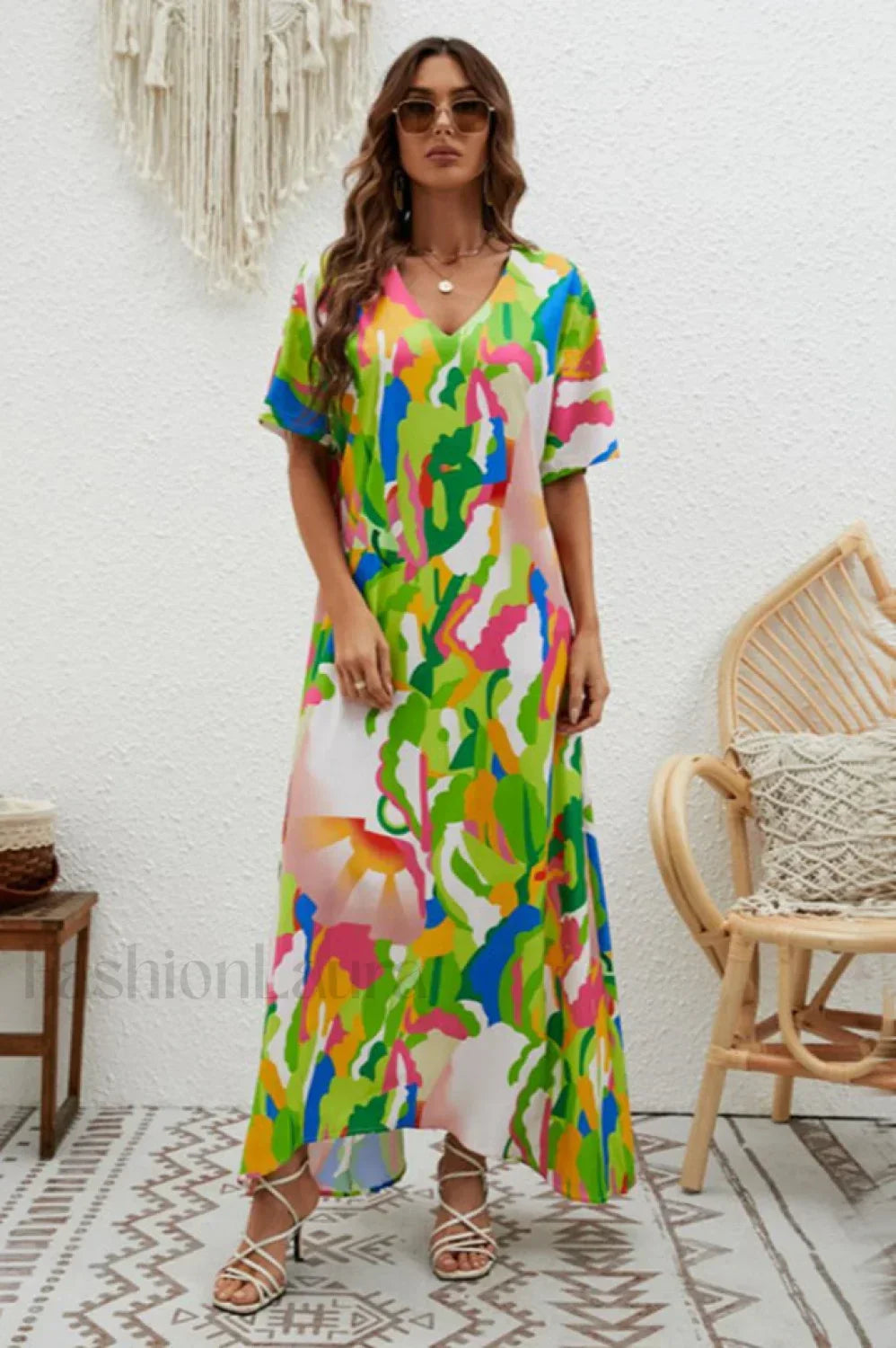 Print Short Sleeve Charming Wide Hem Maxi Dress