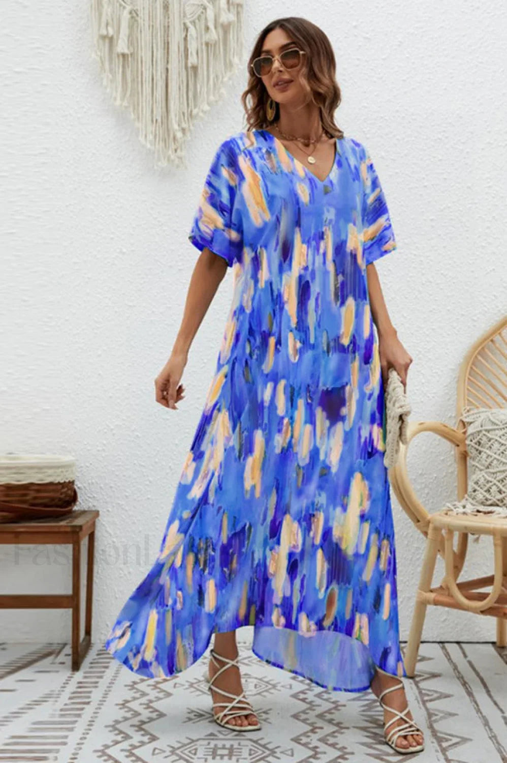 Print Short Sleeve Charming Wide Hem Maxi Dress S / 5#