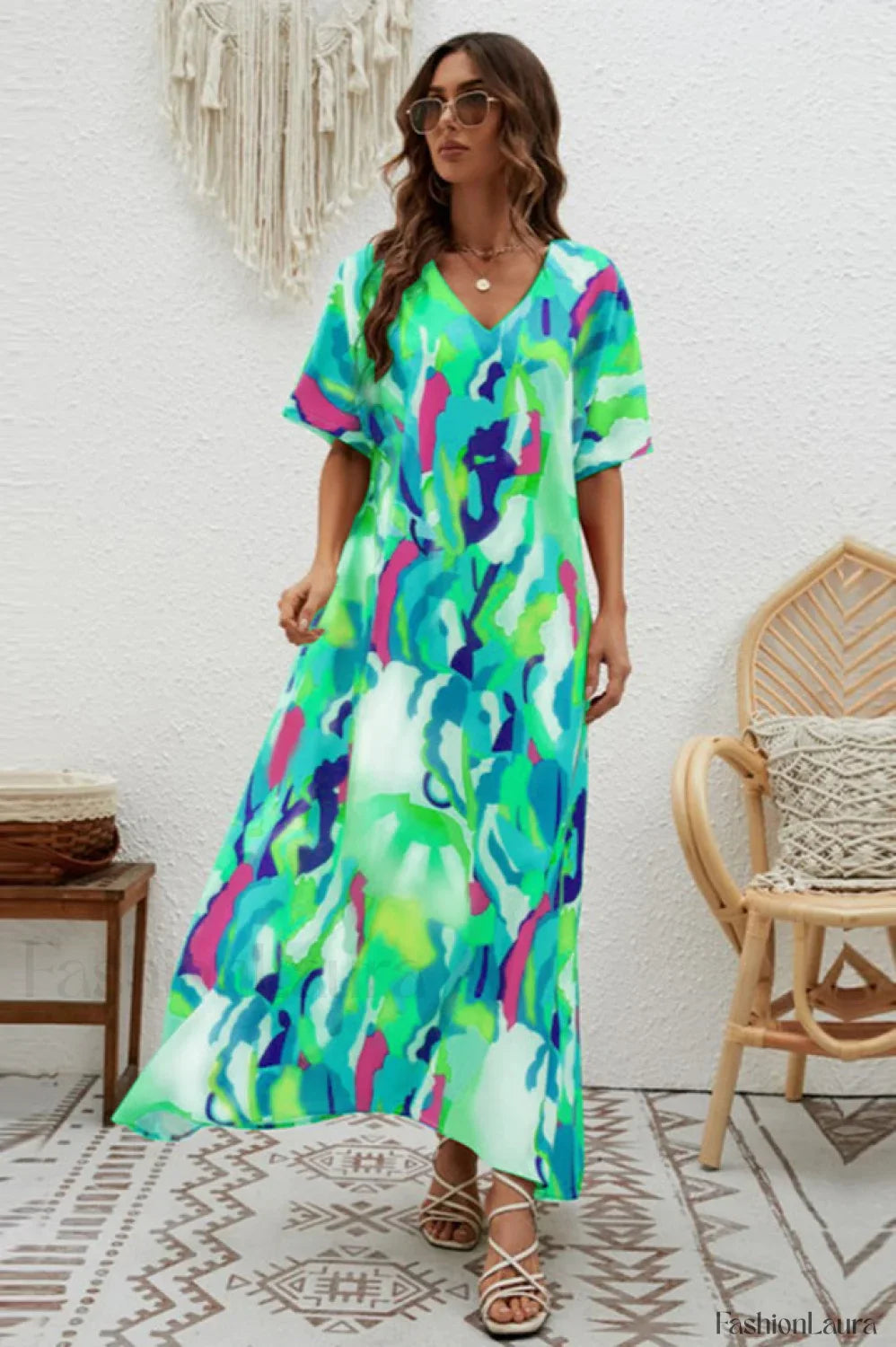 Print Short Sleeve Charming Wide Hem Maxi Dress