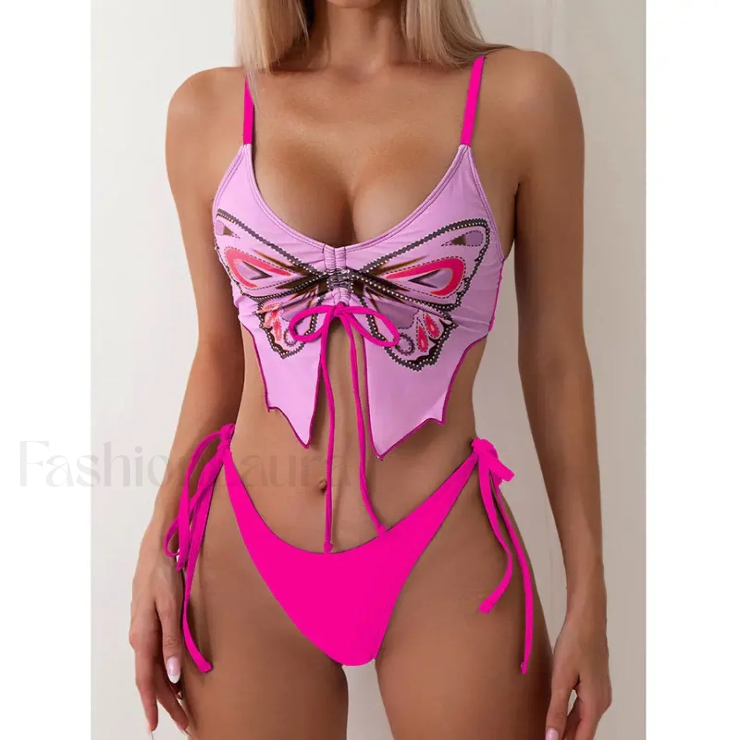 Print Tied High Cut Push Up Bikini Set Pink / S