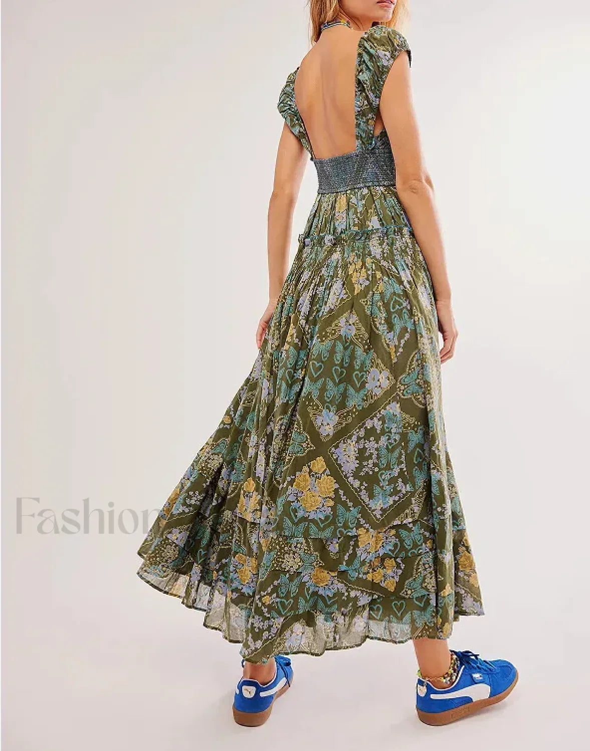 Printed Chiffon Short-Sleeve Boho Dress